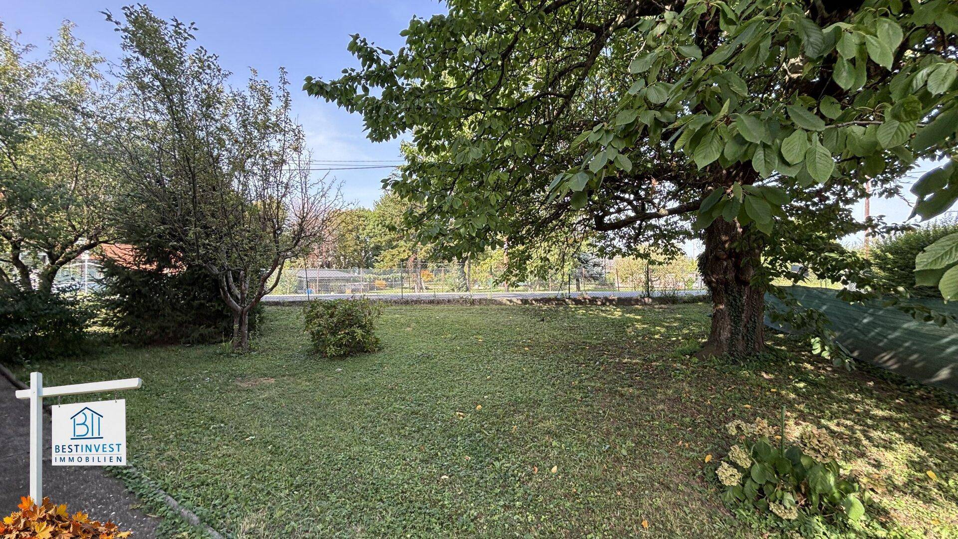 Ruhiger Gartenbereich mit altem Baumbestand und einer weitläufigen Rasenfläche.