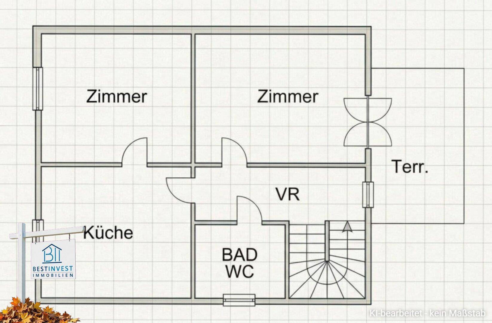 Grundrissplan mit Zimmern, Küche, Bad und Terrasse auf einer Ebene.