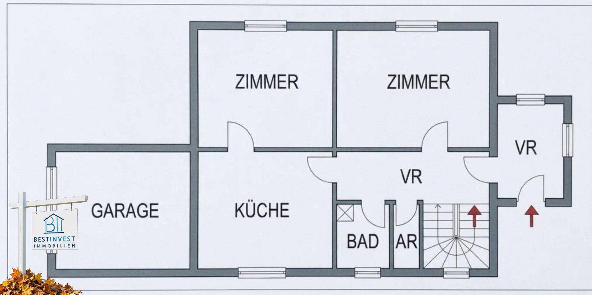 Grundrissplan mit Zimmern, Küche, Bad, Abstellraum und Garage.