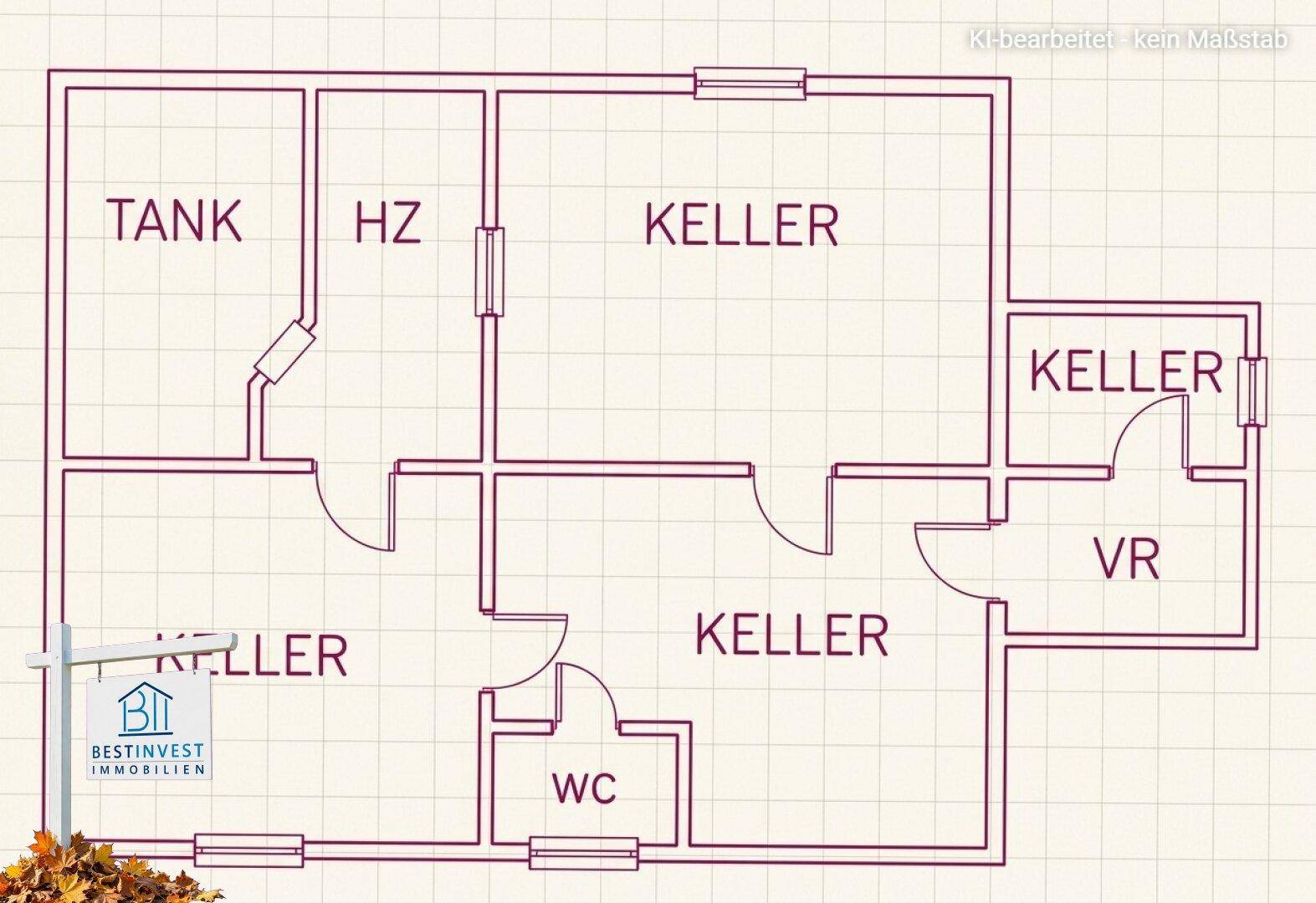Kellergeschoss-Grundriss mit Tankraum, Heizraum, Kellerräumen und WC.