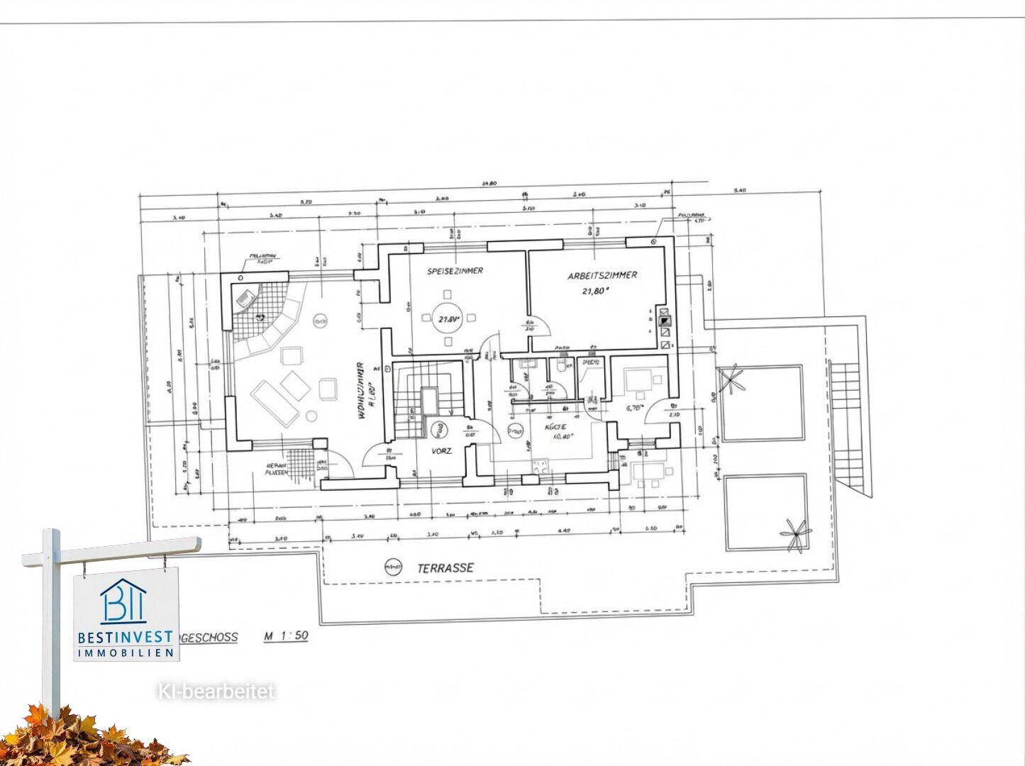 Grundriss des Erdgeschosses mit Speisezimmer, Arbeitszimmer und großer Terrasse im Maßstab 1:50.