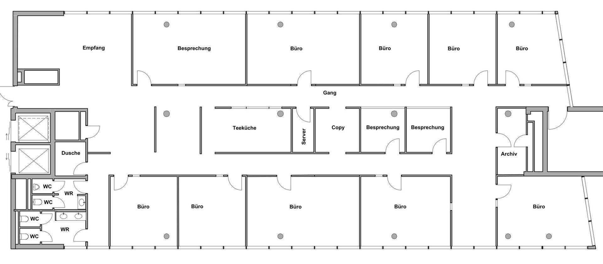 Grundriss eines Bürogeschosses mit verschiedenen Büroräumen, Besprechungszimmern und Sanitäranlagen.