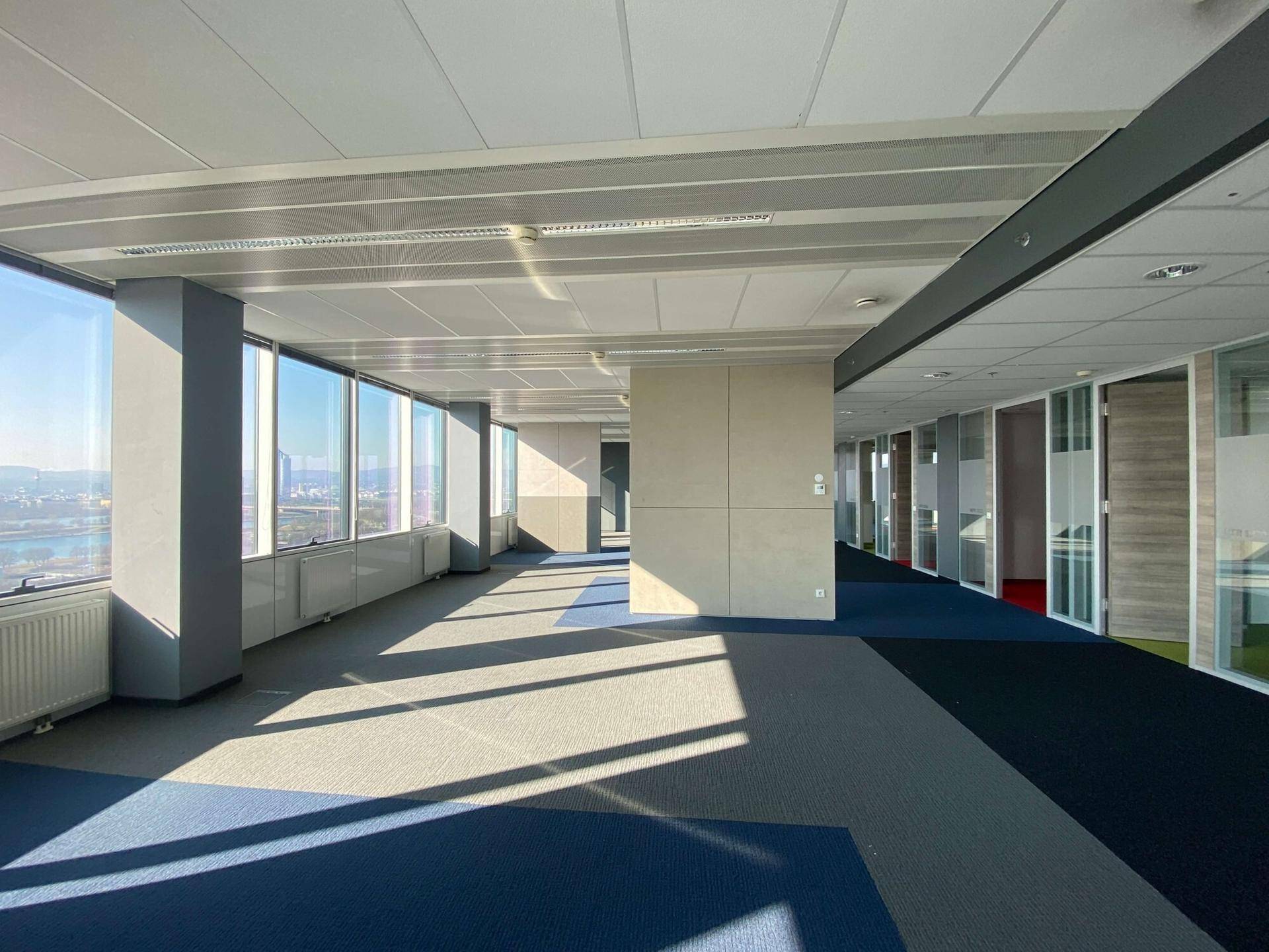 Helles, offenes Büro mit Teppichboden in verschiedenen Blautönen und Blick auf die Stadtlandschaft.