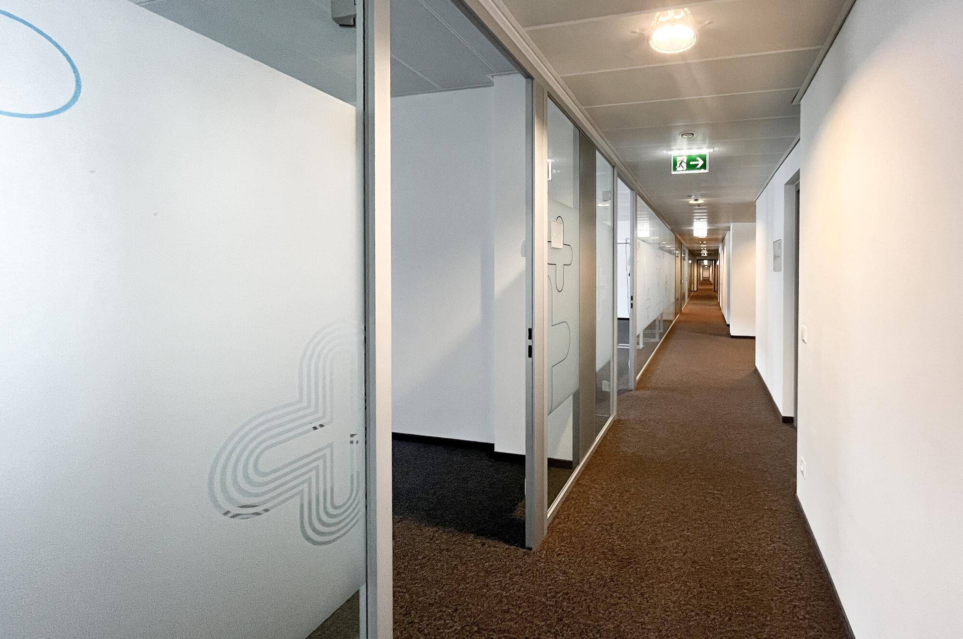 Moderner Bürogang mit Glaswänden zu den Büros und braunem Teppichboden, der sich durch den Flur zieht.