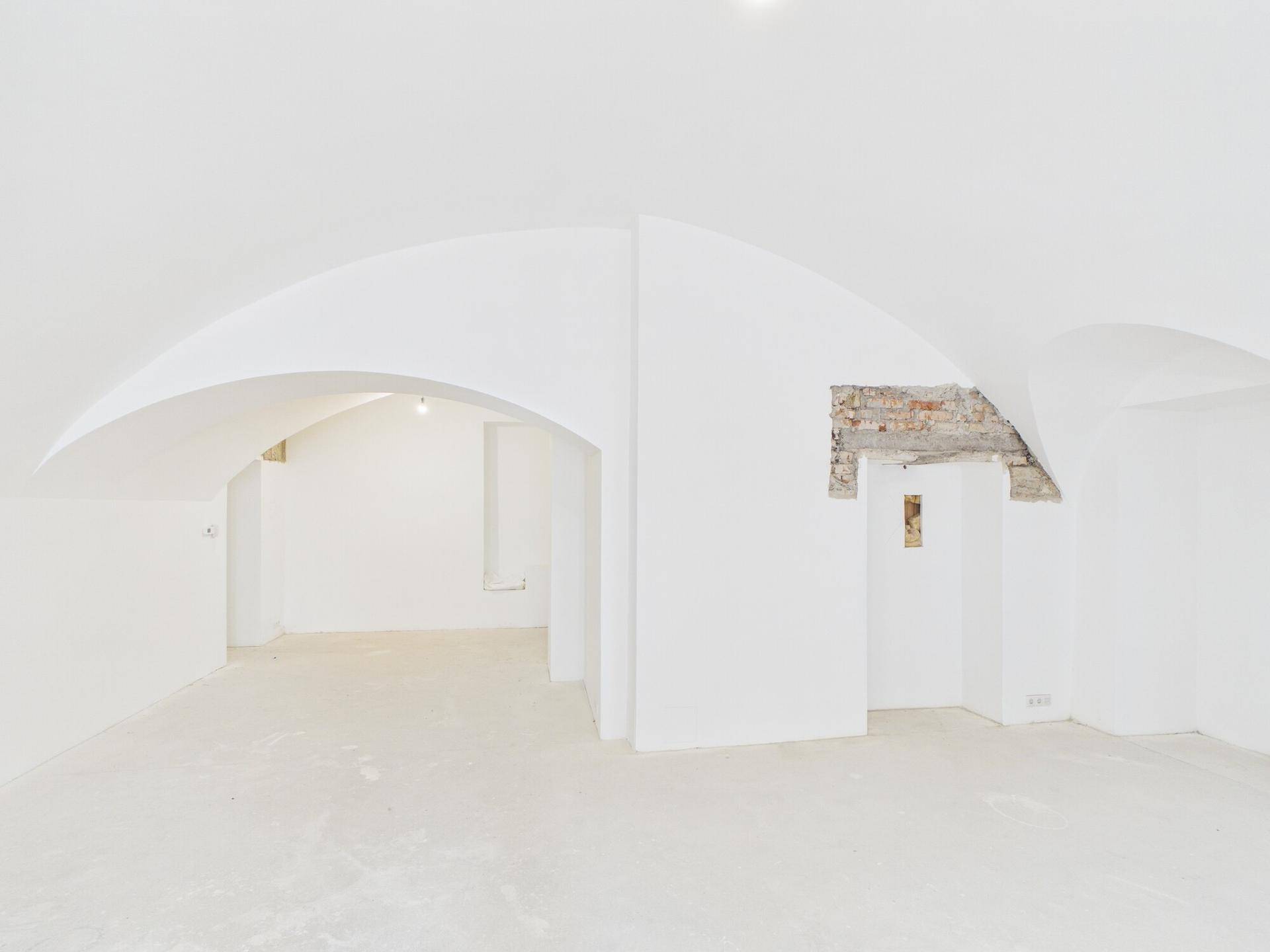 Geräumiger Innenraum mit weiß gestrichenen Gewölbedecken und freiliegenden Ziegeln, bereit für den Ausbau.