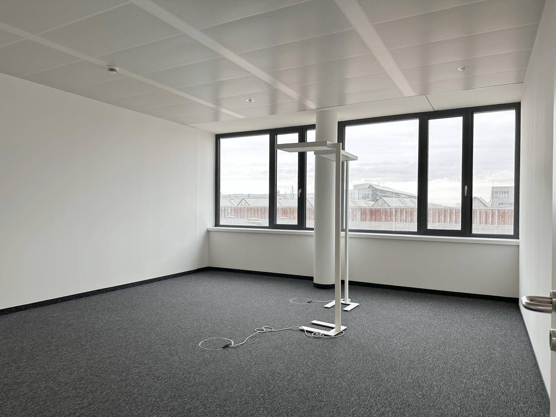 Heller, leerer Büroraum mit großen Fenstern, Teppichboden und hoher Decke.
