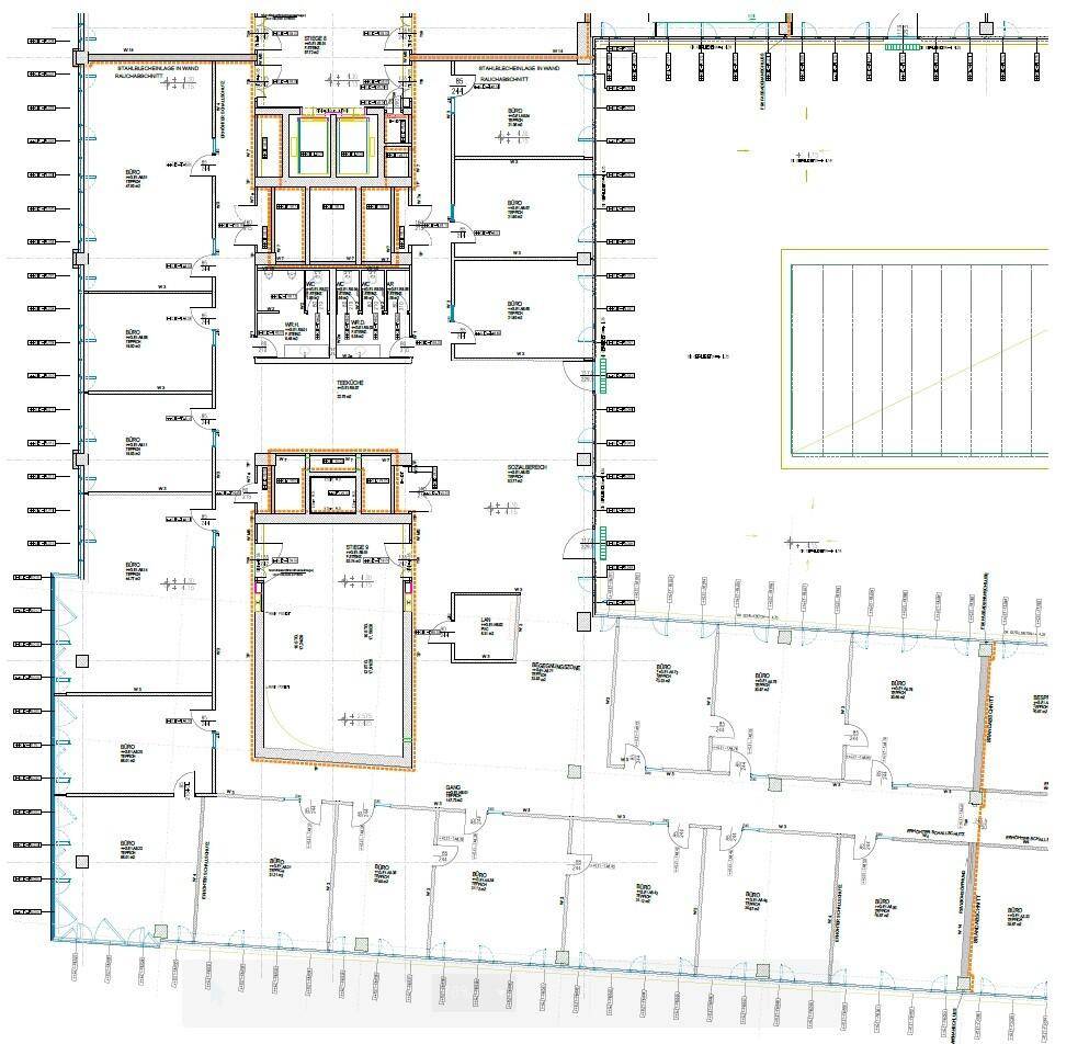 Übersichtlicher Grundriss mit mehreren Büroräumen und der Anordnung der technischen Infrastruktur.