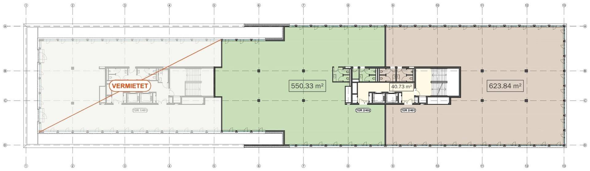 Grundriss einer Bürofläche mit farblich markierten Bereichen und Hinweis auf vermietete Sektion.