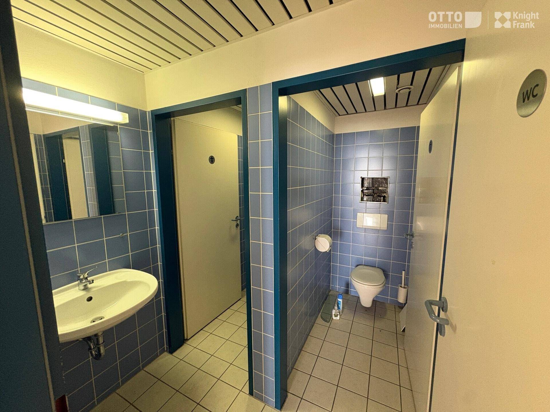 Badezimmer mit blauen Fliesen, Waschbecken, Toilette und Deckenbeleuchtung.
