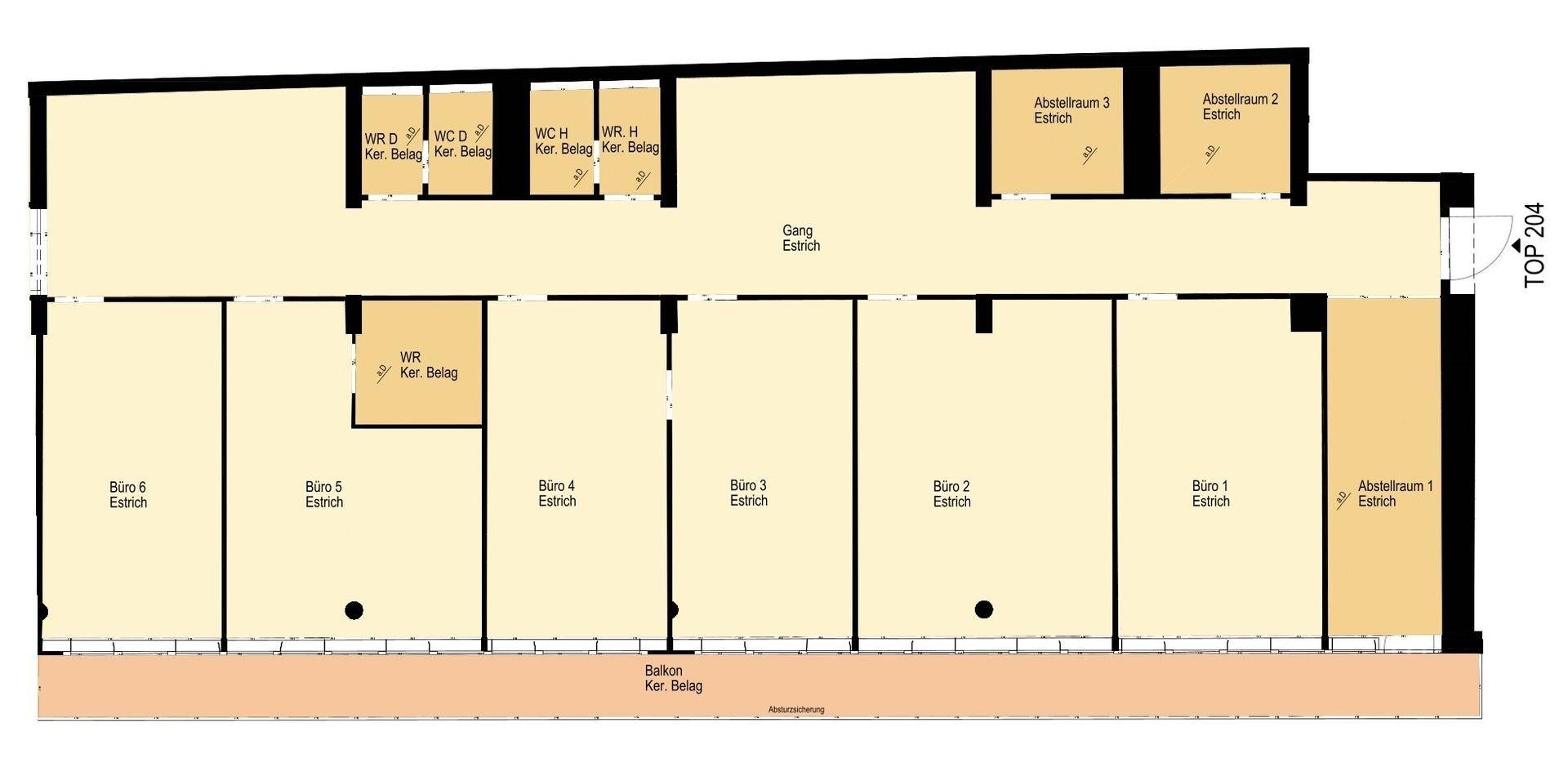 Grundrissplan mit mehreren Büroeinheiten, Abstellräumen, Toiletten und einem durchgehenden Balkon.
