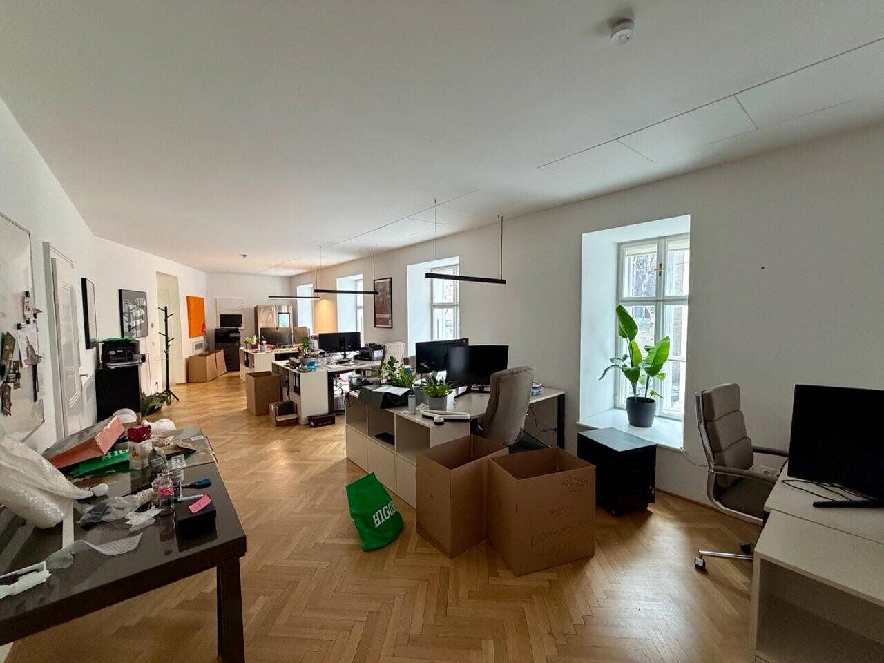 Großes, offenes Büro mit mehreren Arbeitsplätzen, Fischgrätparkett und großen Fenstern, die viel Tageslicht hereinlassen.