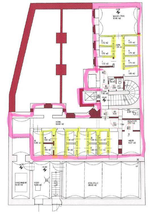 Hervorgehobener Grundriss eines Geschosses mit markierten Bereichen und Raumaufteilung.