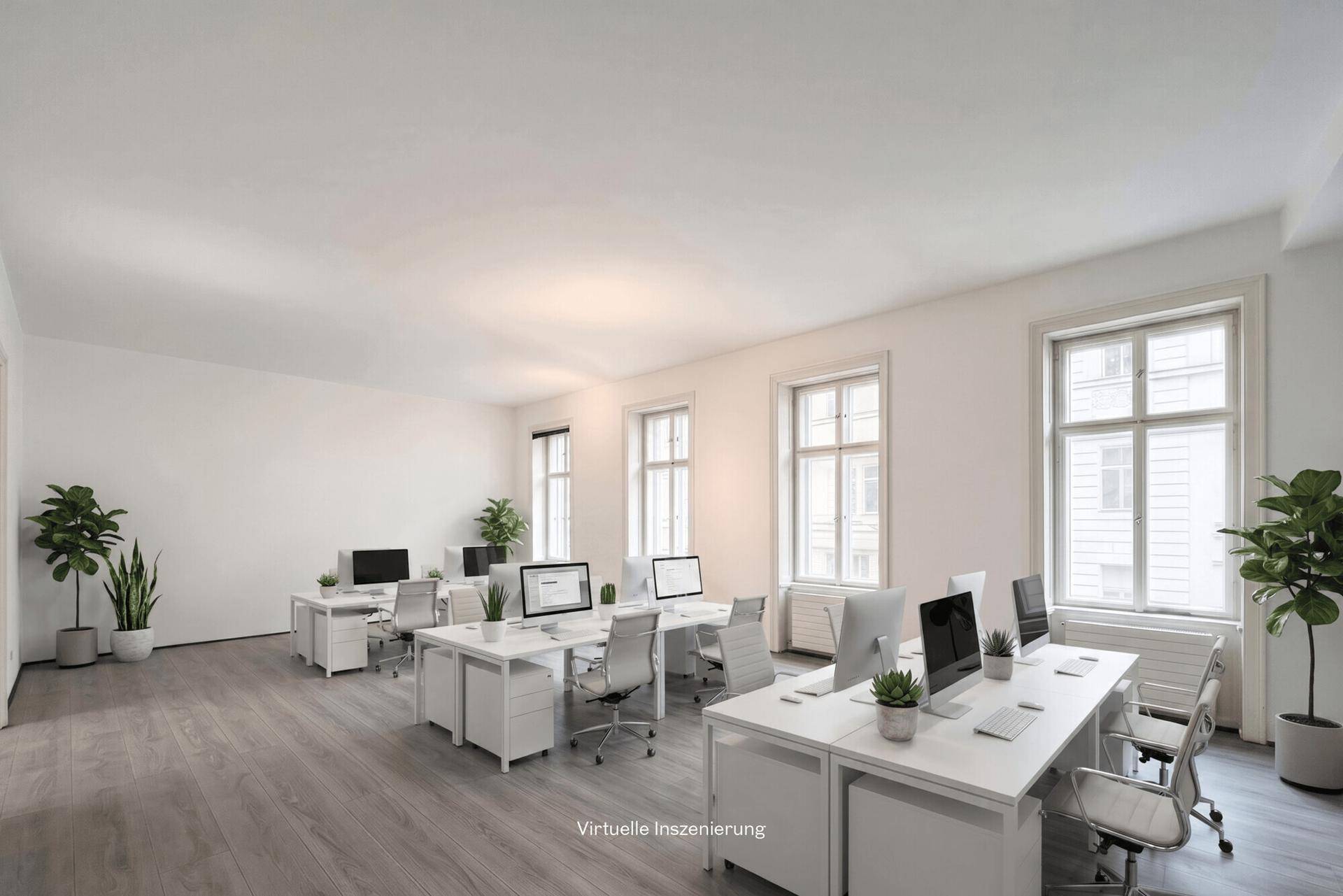 Virtuell inszeniertes Großraumbüro mit mehreren Arbeitsplätzen, Computern und Pflanzen, sehr hell.
