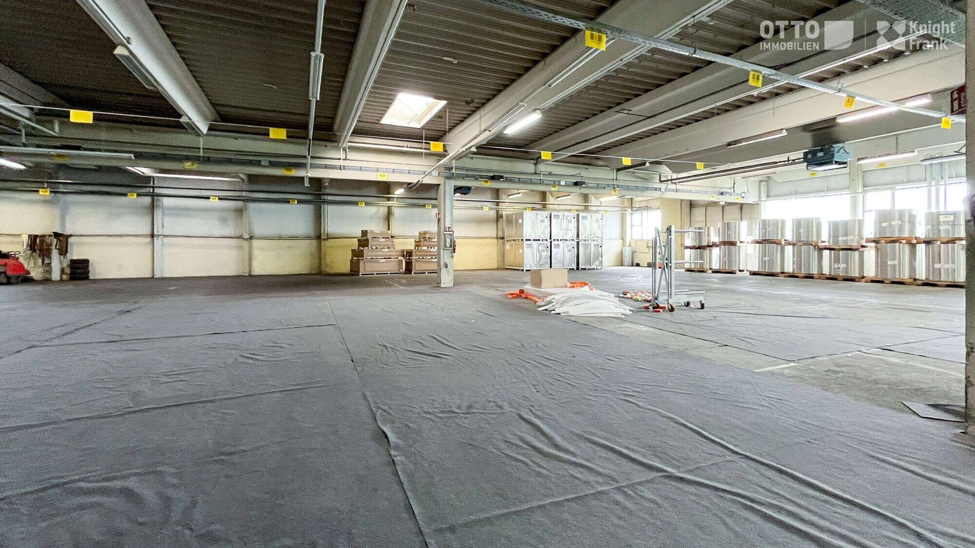 Weitläufige, leere Lagerhalle mit hohen Decken, Oberlichtern und industrieller Beleuchtung.