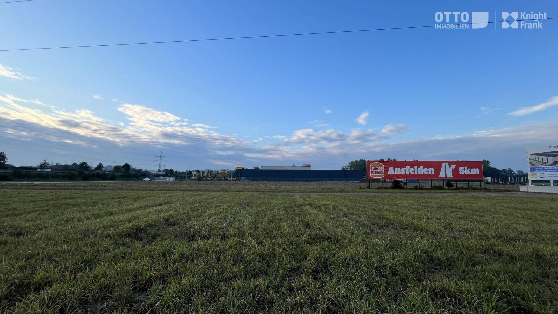 Weitläufiges Feld mit einer großen Werbetafel, entfernten Gebäuden und Strommasten unter blauem Himmel.