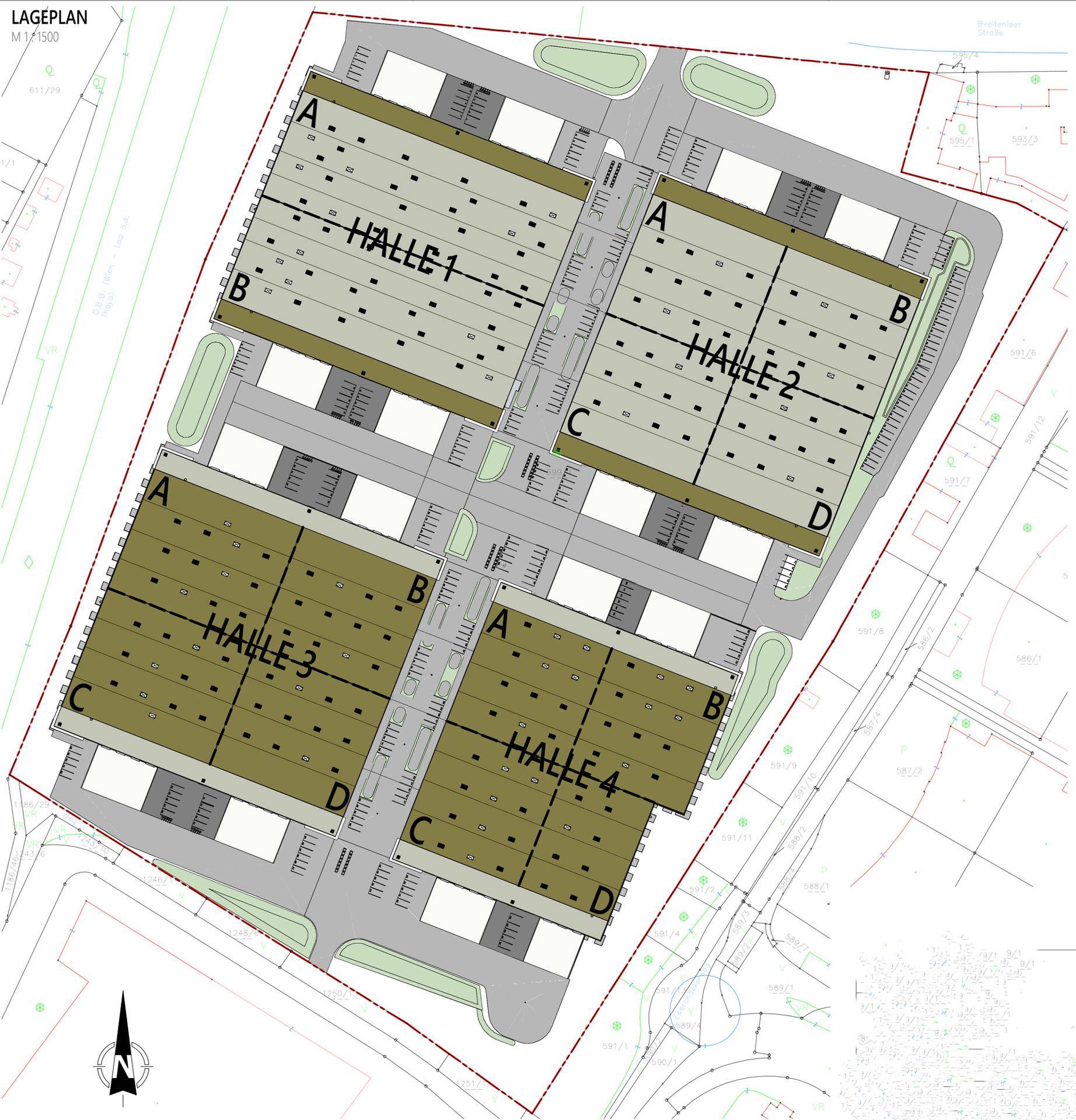 Lageplan des Gewerbeparks mit vier großen Hallen und umliegenden Park- und Anlieferungsbereichen.