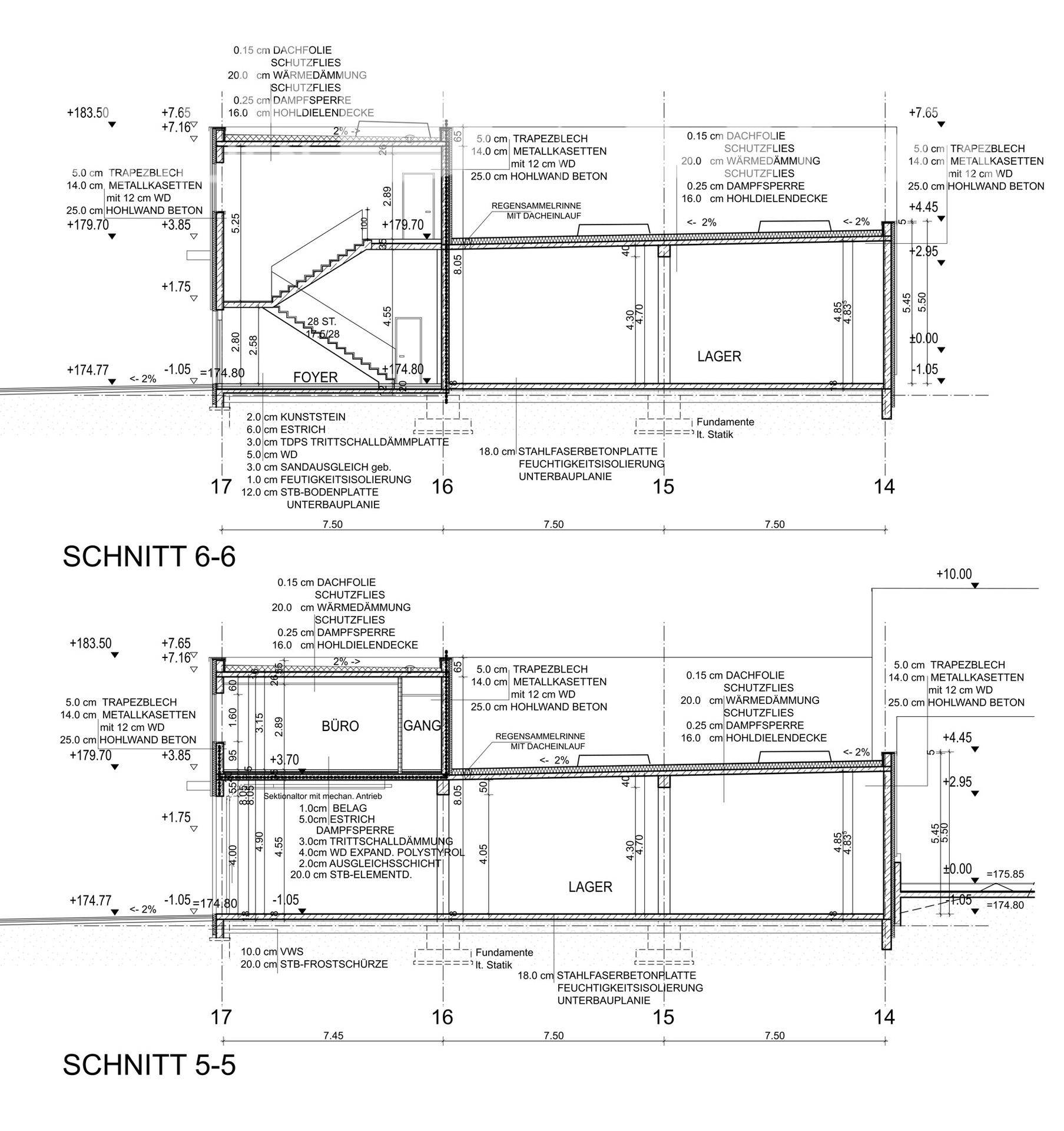 Architektonischer Schnittplan zeigt verschiedene Ebenen, Räume wie Foyer, Büro und Lager.