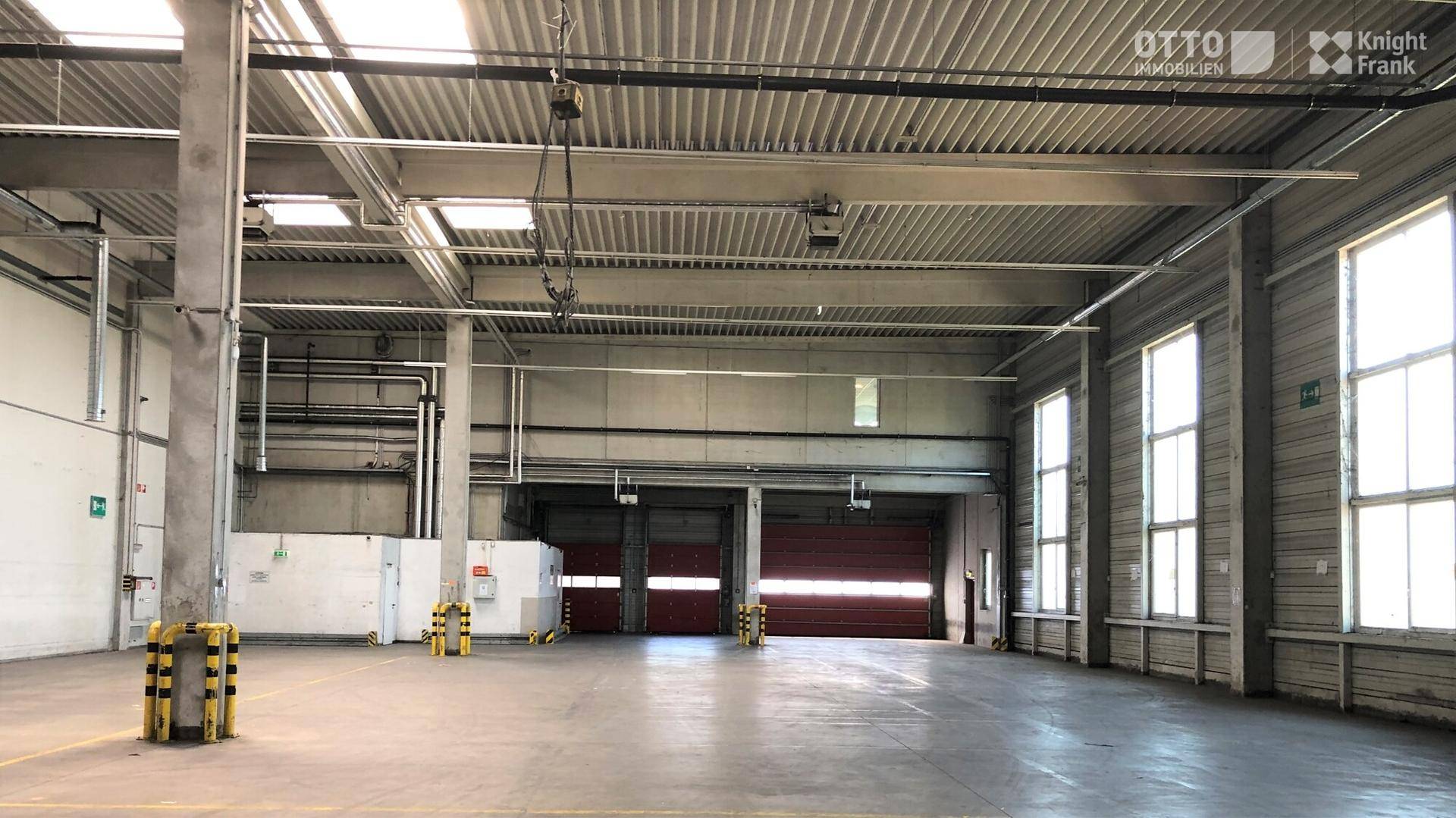 Helle Lagerhalle mit hohen Decken, Betonboden und großen Rolltoren im Hintergrund, ideal für Logistik.