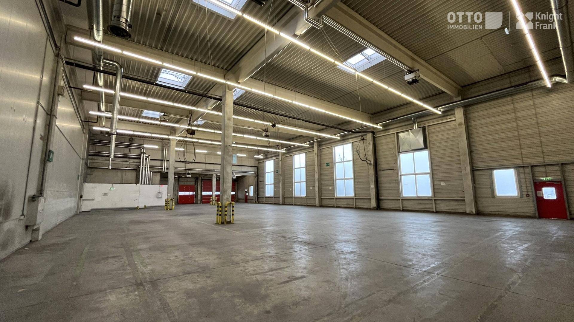 Geräumige Lagerhalle mit hohen Decken, Betonboden und Oberlichtern, bereit für den Erstbezug.