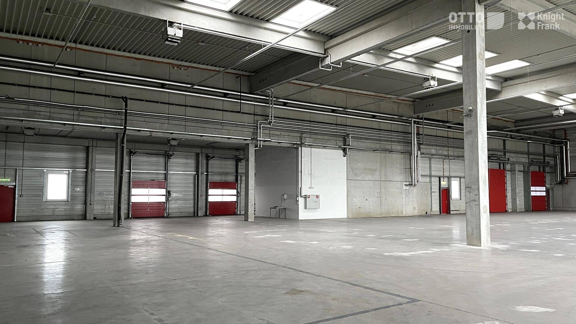 Leere Lagerhalle mit Betonwänden, Rolltoren und sichtbaren Versorgungsleitungen.
