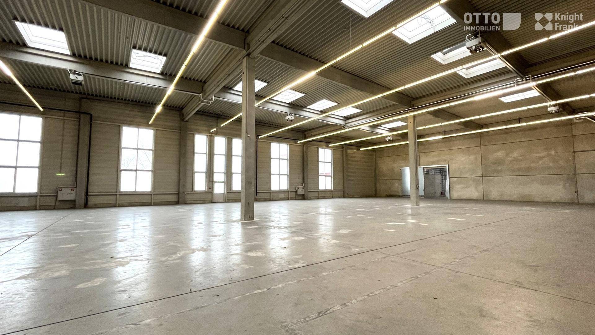 Große, leere Lagerhalle mit vielen Fenstern, Oberlichtern und Betonstützen.
