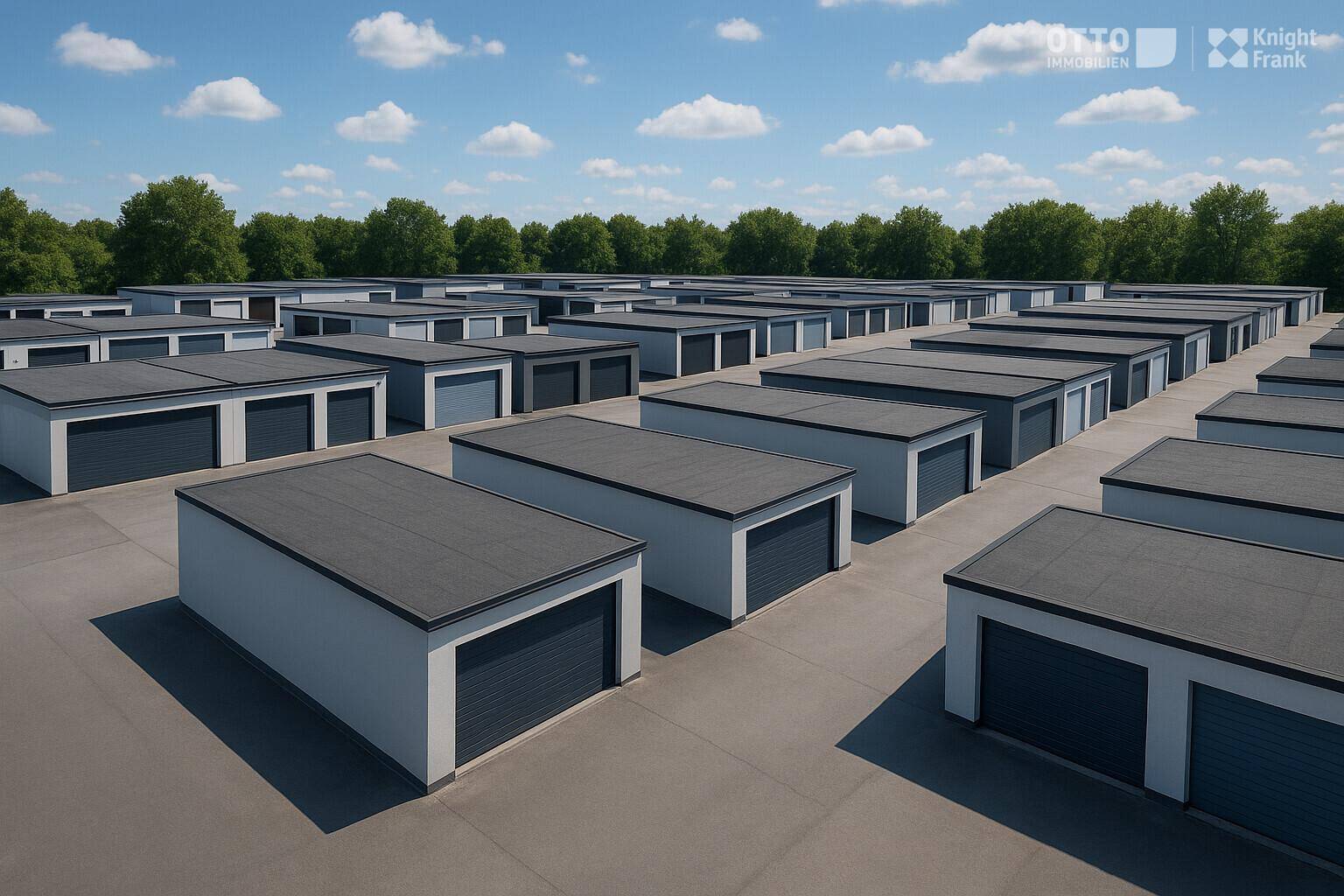 Weitläufige Anlage mit zahlreichen modernen Garagen und Lagerboxen unter blauem Himmel und Bäumen.