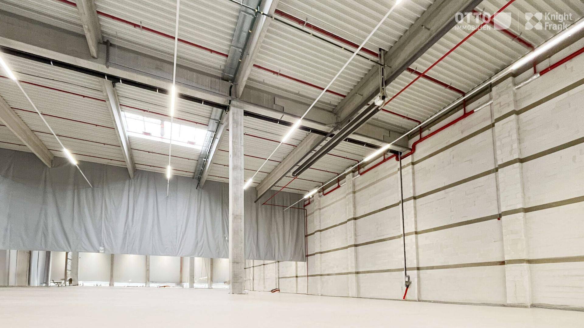 Geräumige, leere Lagerhalle mit hoher Decke, Oberlichtern und sichtbaren Installationen für optimale Nutzung.