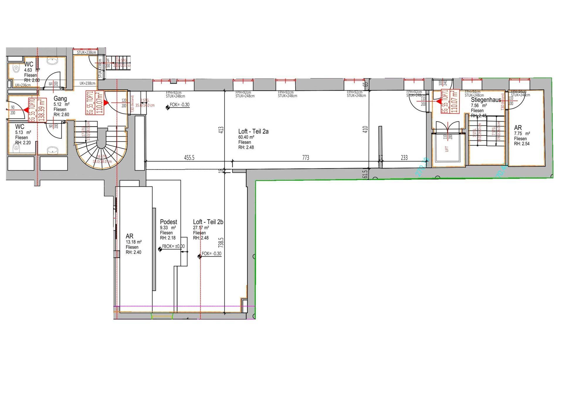 Grundriss eines großen Loft-Bereichs mit mehreren Unterteilungen und Sanitäranlagen.