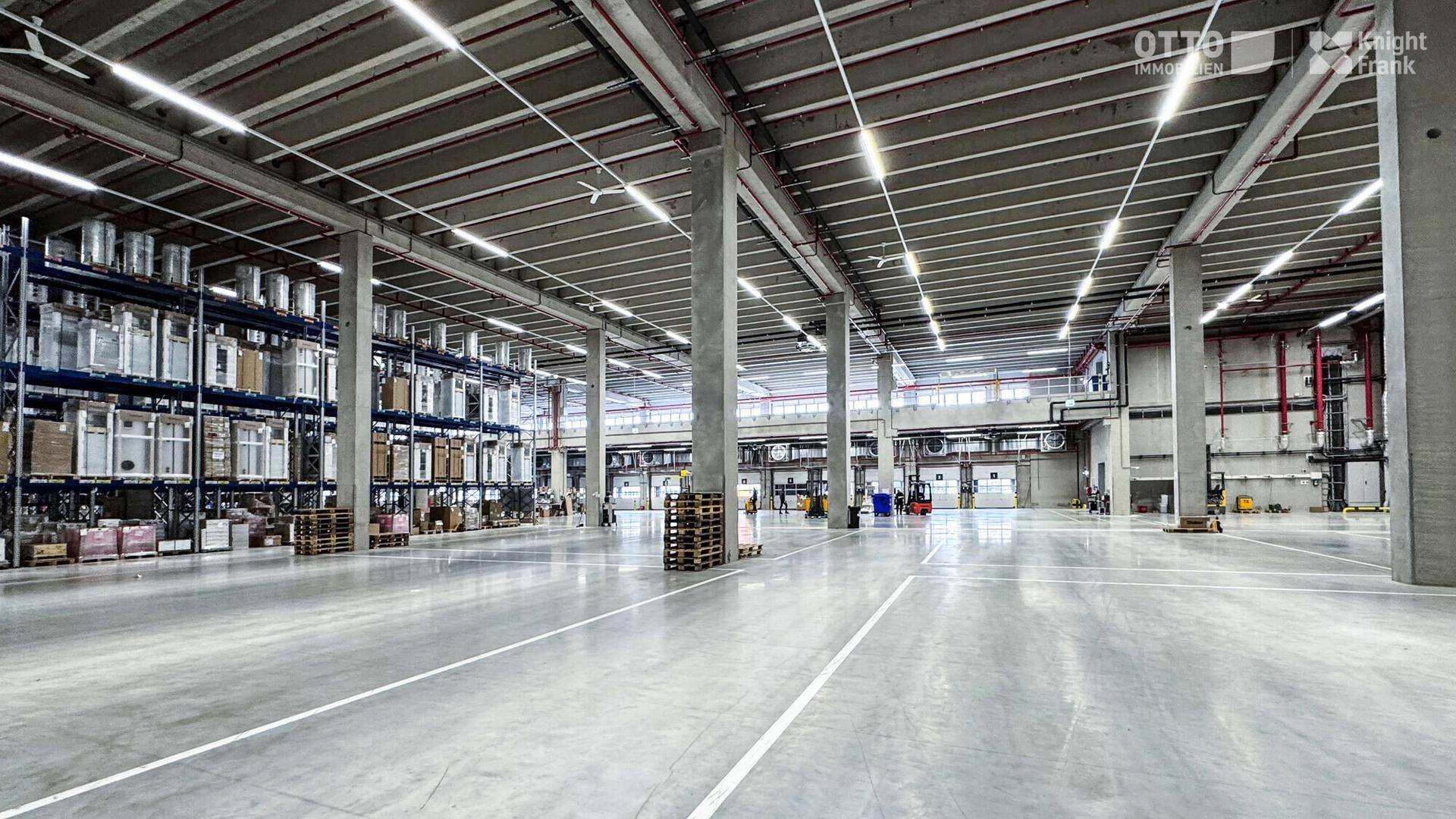 Geräumige Lagerhalle mit Betonpfeilern, Regalsystemen und Gabelstaplern in der Ferne sichtbar.