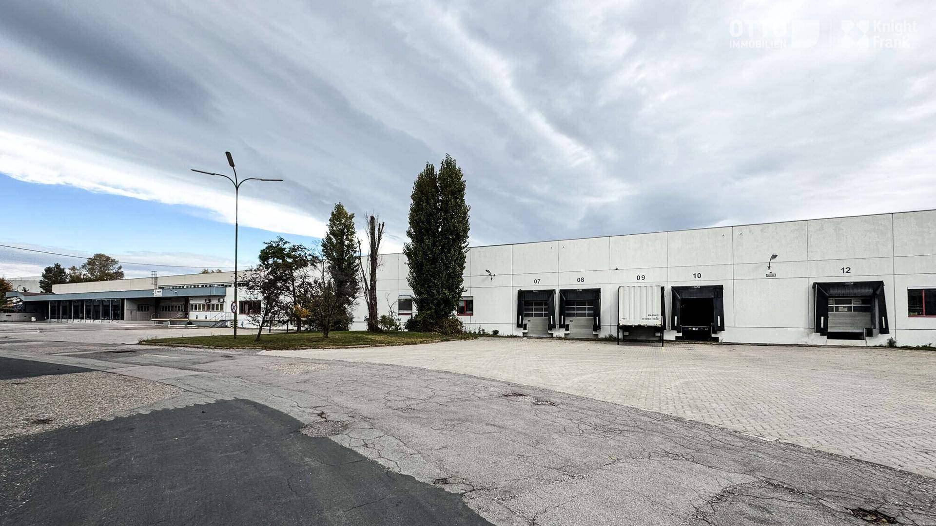 Weitläufige Außenansicht einer Lagerhalle mit Laderampen und großem asphaltierten Vorplatz.