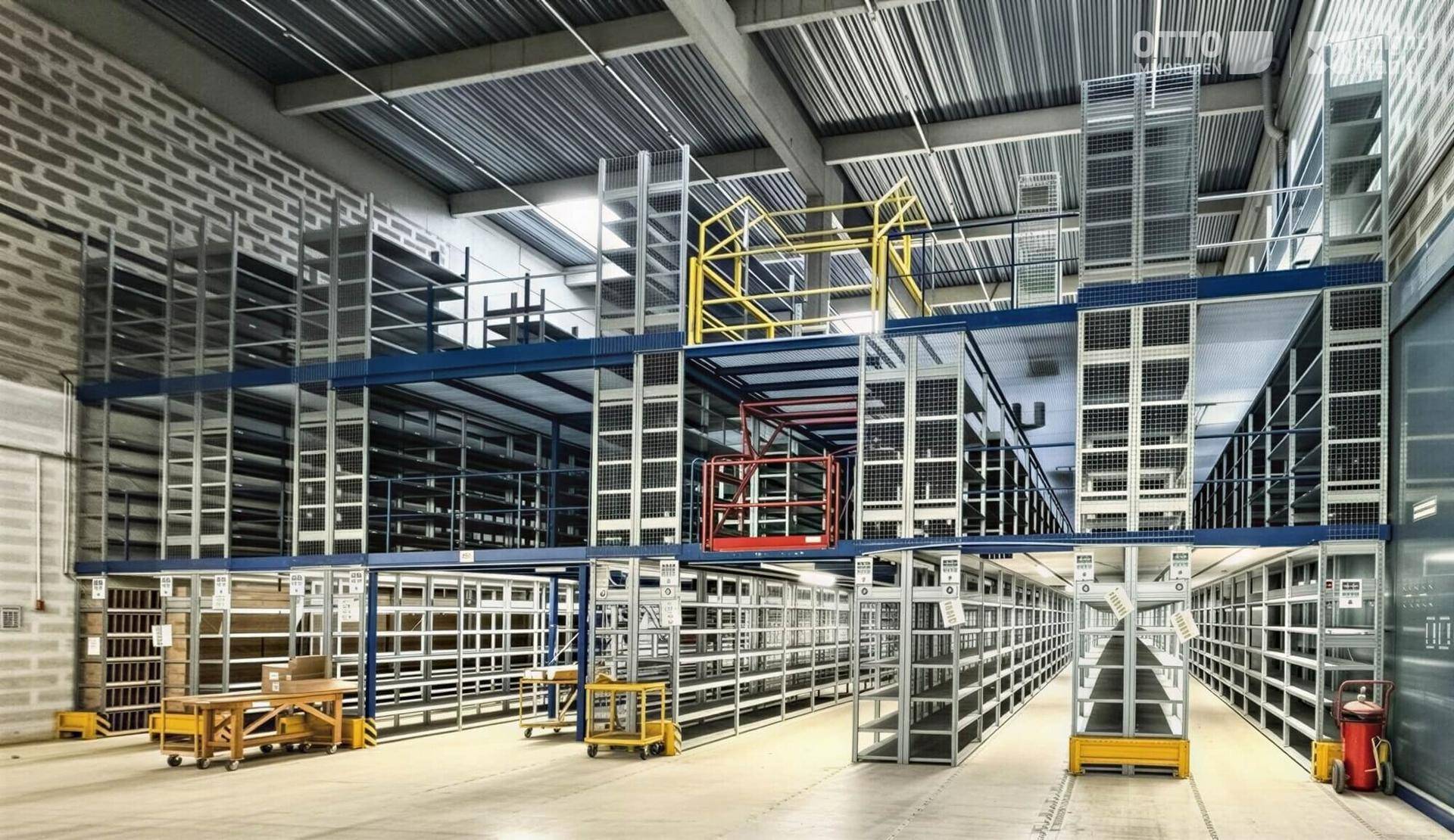 Mehrstöckiges Regalsystem in einer Lagerhalle mit Gitterböden und Treppenaufgängen.