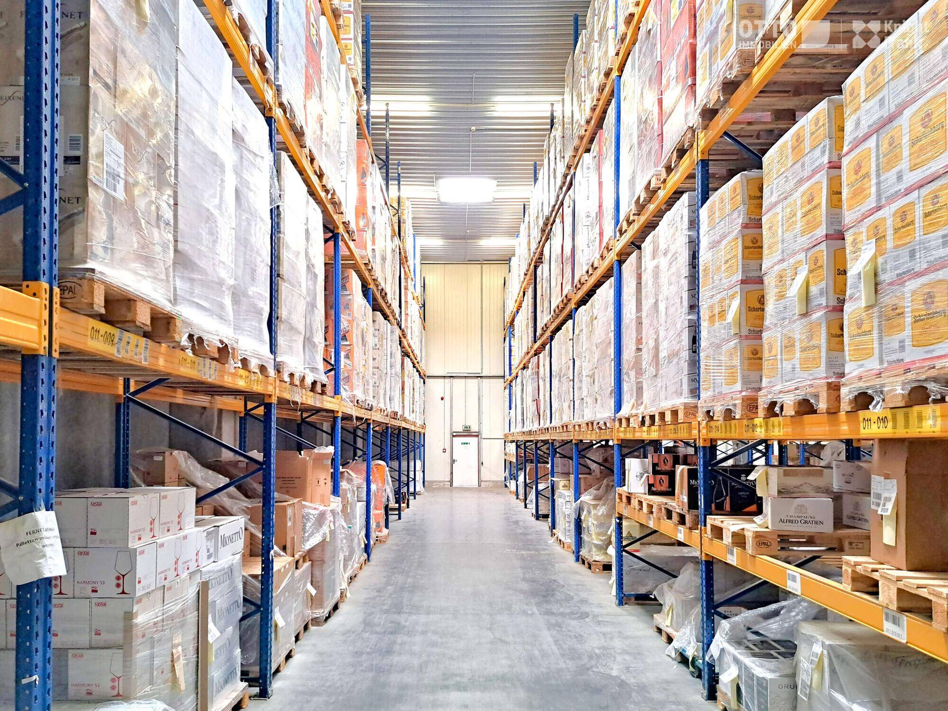 Langer Gang in einer Lagerhalle, gesäumt von hohen Regalen voller verpackter Produkte.