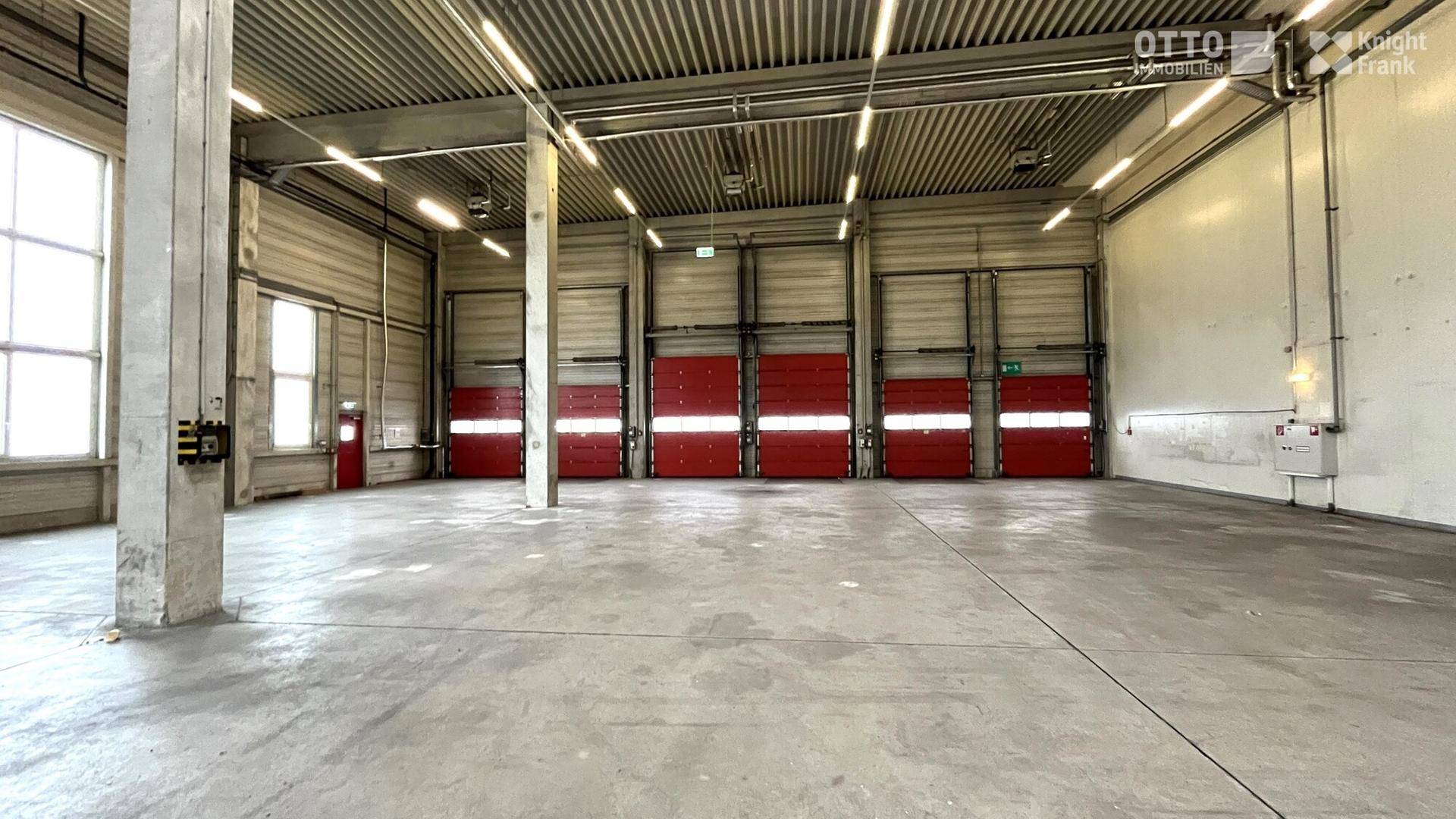 Leere Lagerhalle mit Betonboden, hohen Decken und einer Reihe von roten Rolltoren.