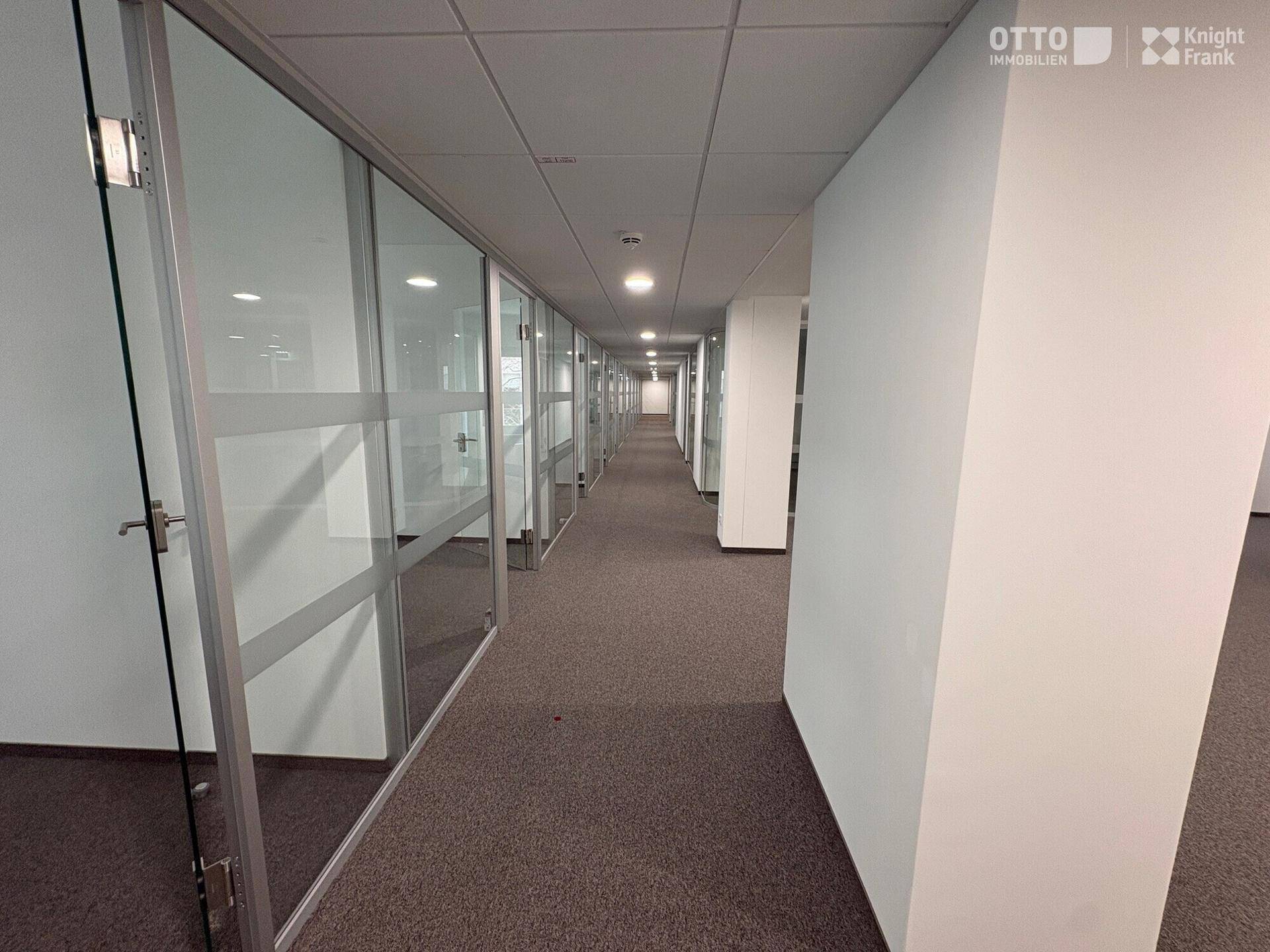 Weiterer Blick auf den langen Bürogang mit vielen verglasten Büros und Teppichboden.