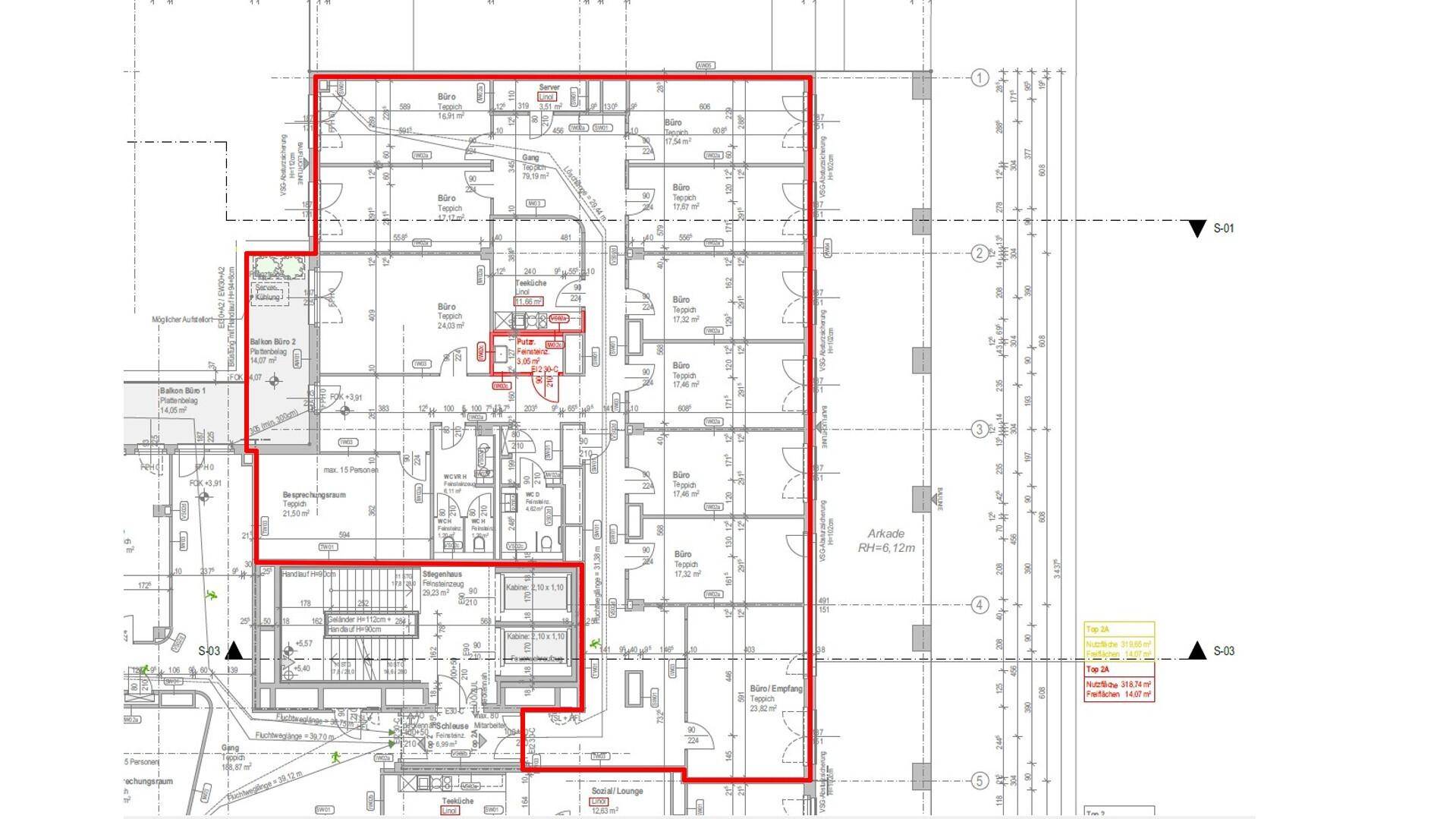 Detaillierter Grundrissplan mit roter Markierung, der die Raumaufteilung und Flächen zeigt.