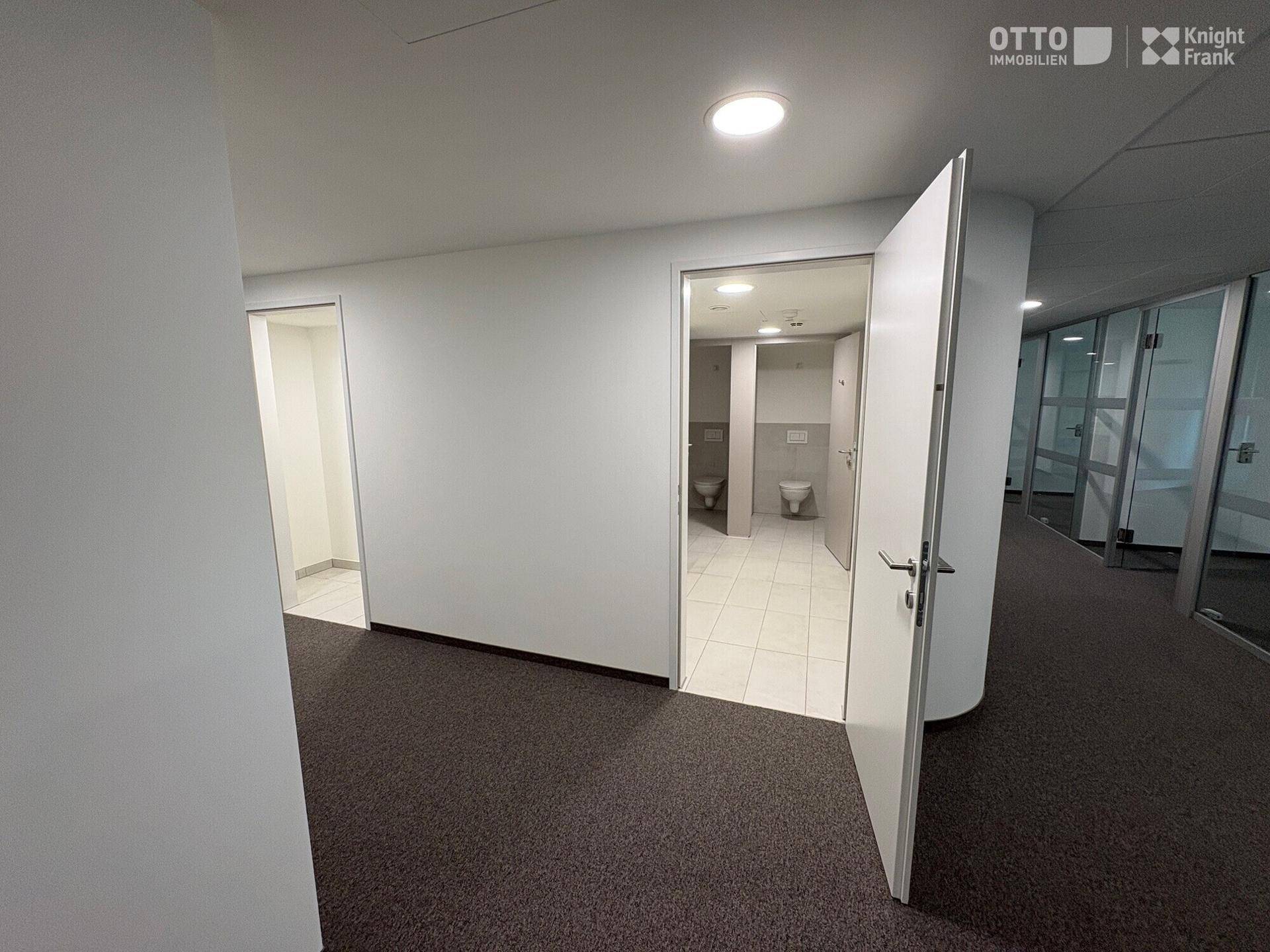 Eingangsbereich zu den Toiletten mit Teppichboden und Blick in die gefliesten Sanitärräume.