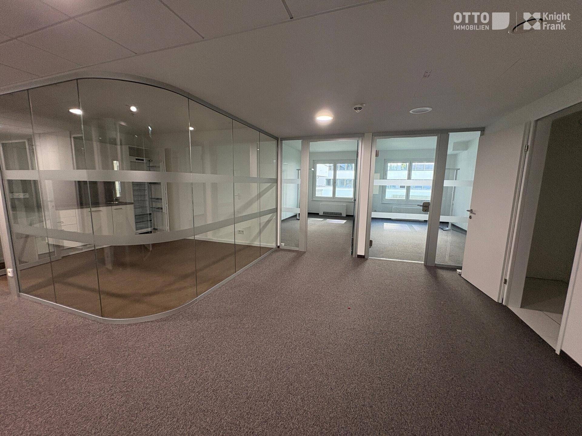 Großes Büro mit Teppichboden und geschwungener Glaswand, die einen flexiblen Arbeitsbereich abgrenzt.