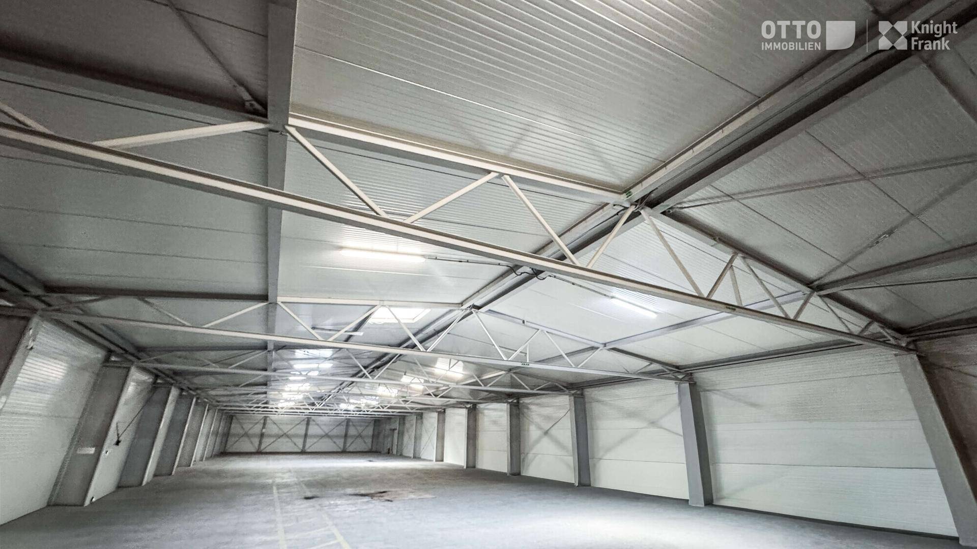 Innenansicht einer Lagerhalle mit hoher Deckenkonstruktion aus Metall und effizienter Beleuchtung.