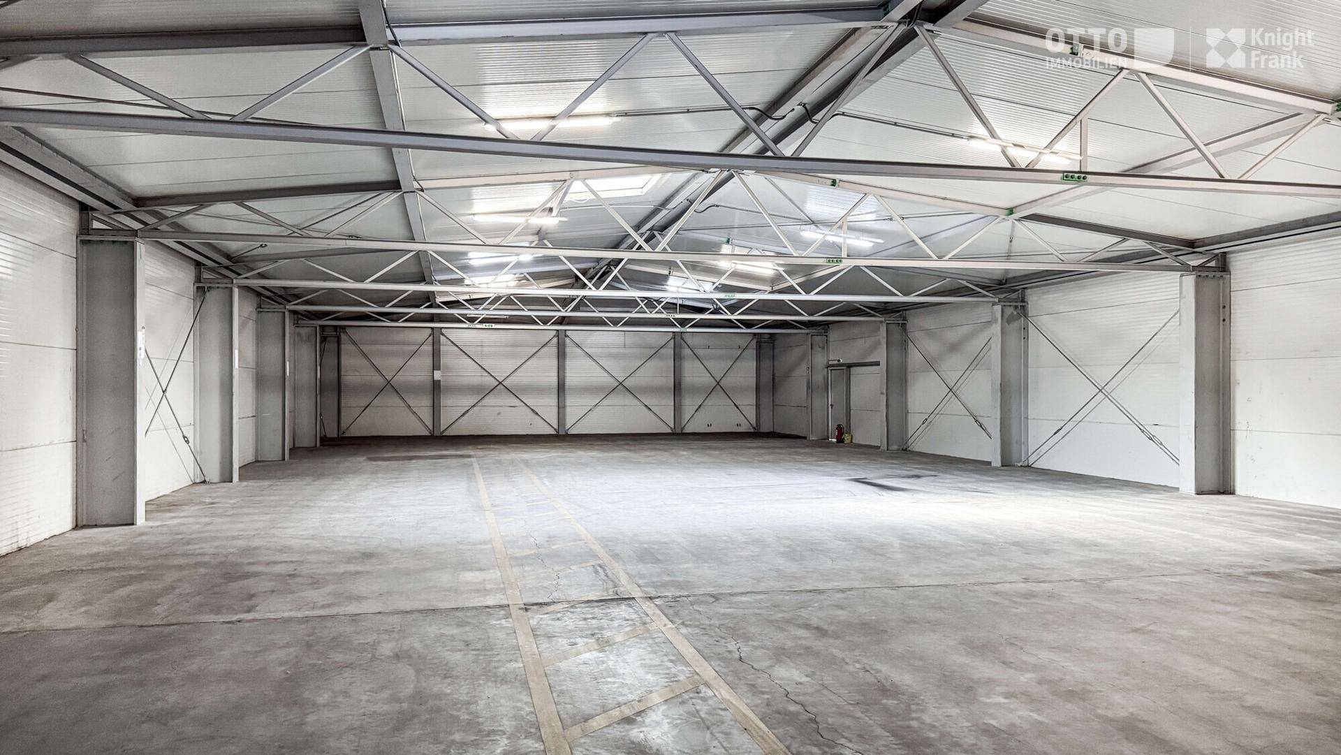 Weitläufige, leere Lagerhalle mit Betonboden, hohen Decken und natürlichem Lichteinfall durch Oberlichter.