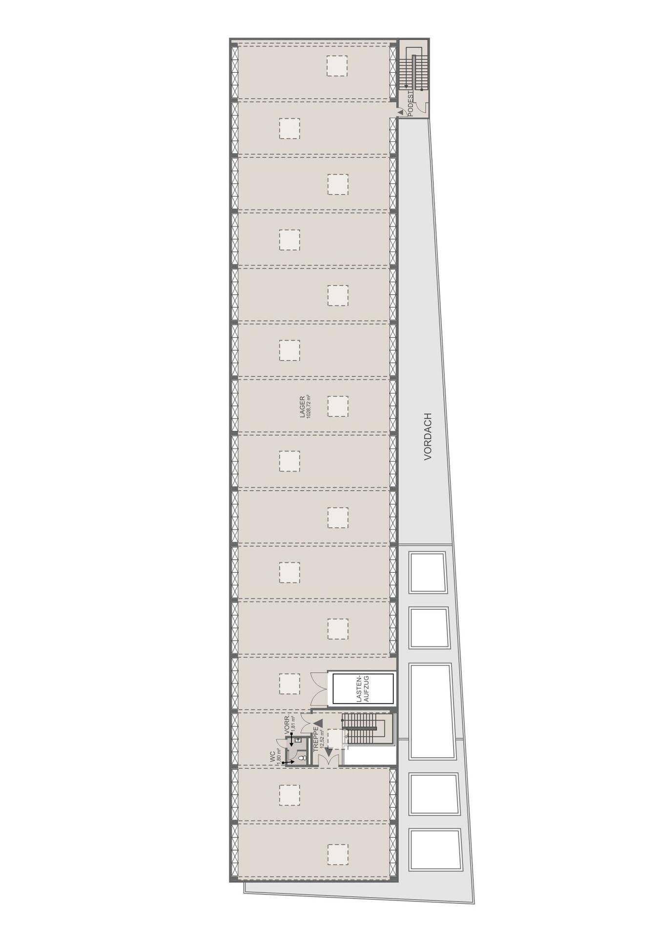 Grundriss eines langen Gebäudes mit mehreren Lagereinheiten und zentralem Zugangsbereich inklusive Aufzug.