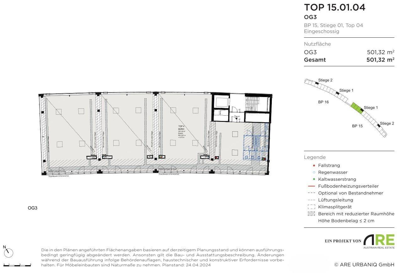 Detaillierter Grundriss einer Büroetage mit 501,32 m² Nutzfläche und Treppenhauszugang, inklusive Aufzug und Rampe.