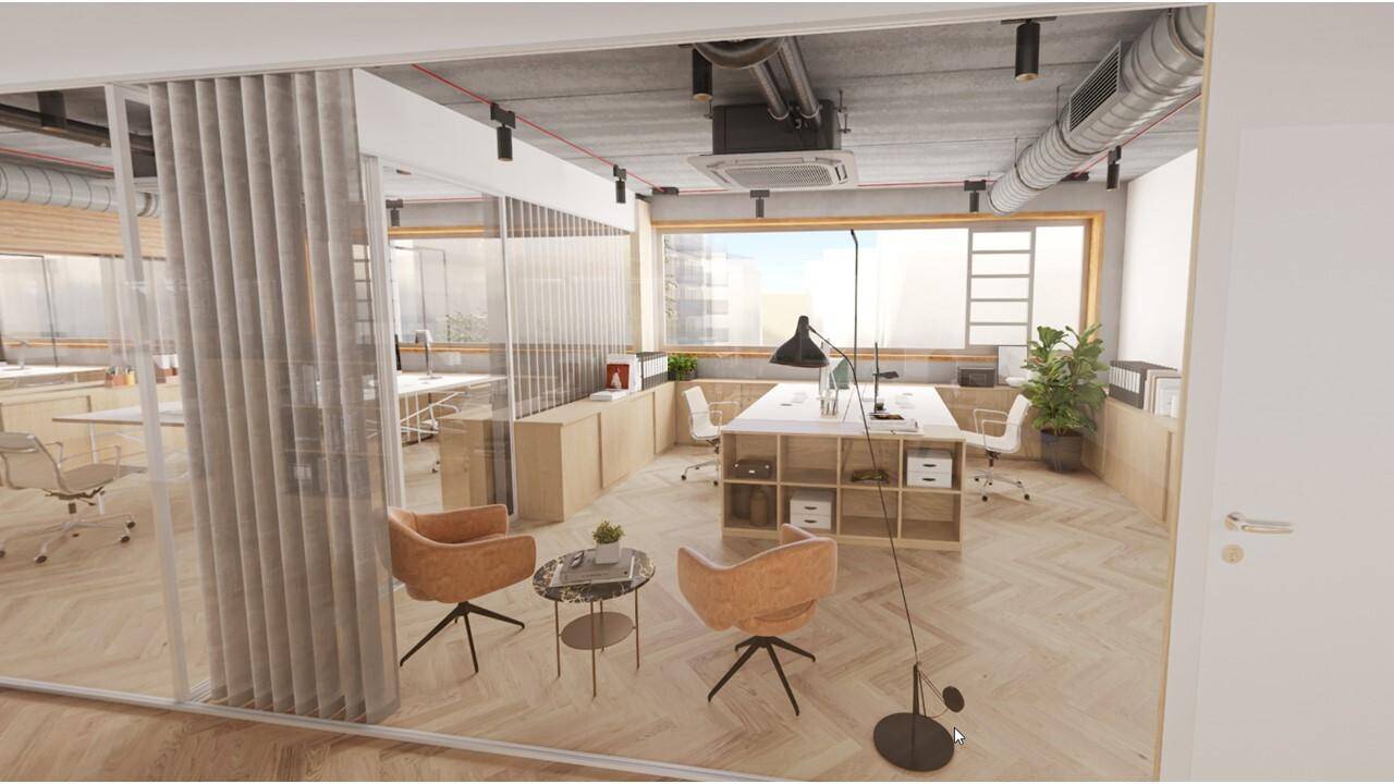 Helles, modernes Büro mit Fischgrätparkett, Loungesesseln und Blick auf Arbeitsplätze, die eine offene Atmosphäre fördern.