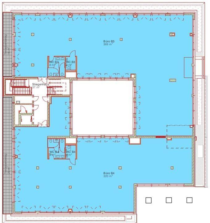 Grundrissplan zeigt zwei große Büroeinheiten mit separaten Toilettenbereichen.