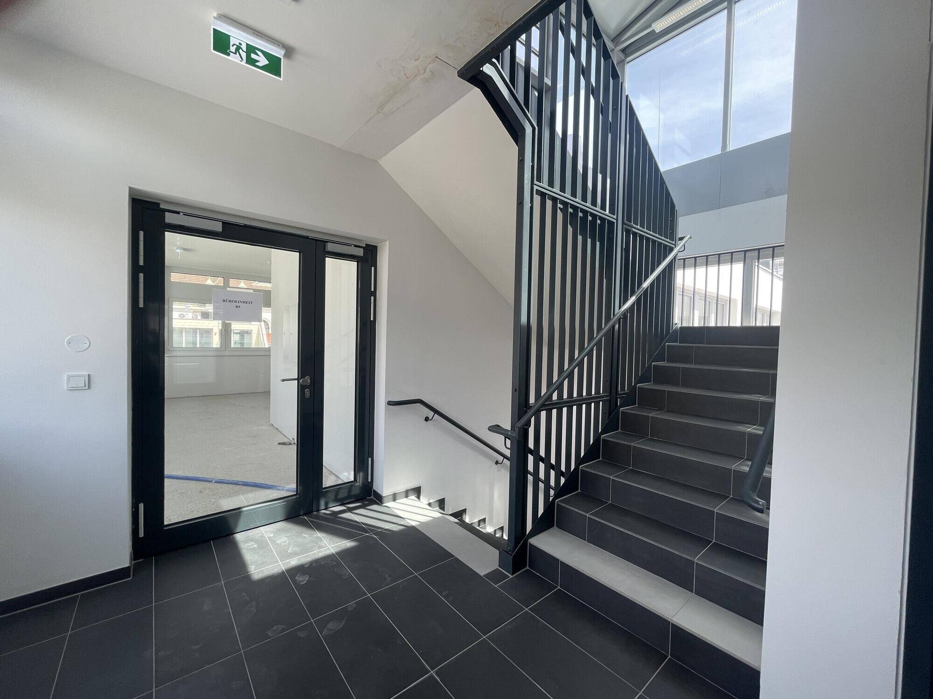 Ein modernes Treppenhaus mit dunklen Stufen, schwarzem Geländer und großen Fenstern für Tageslicht.