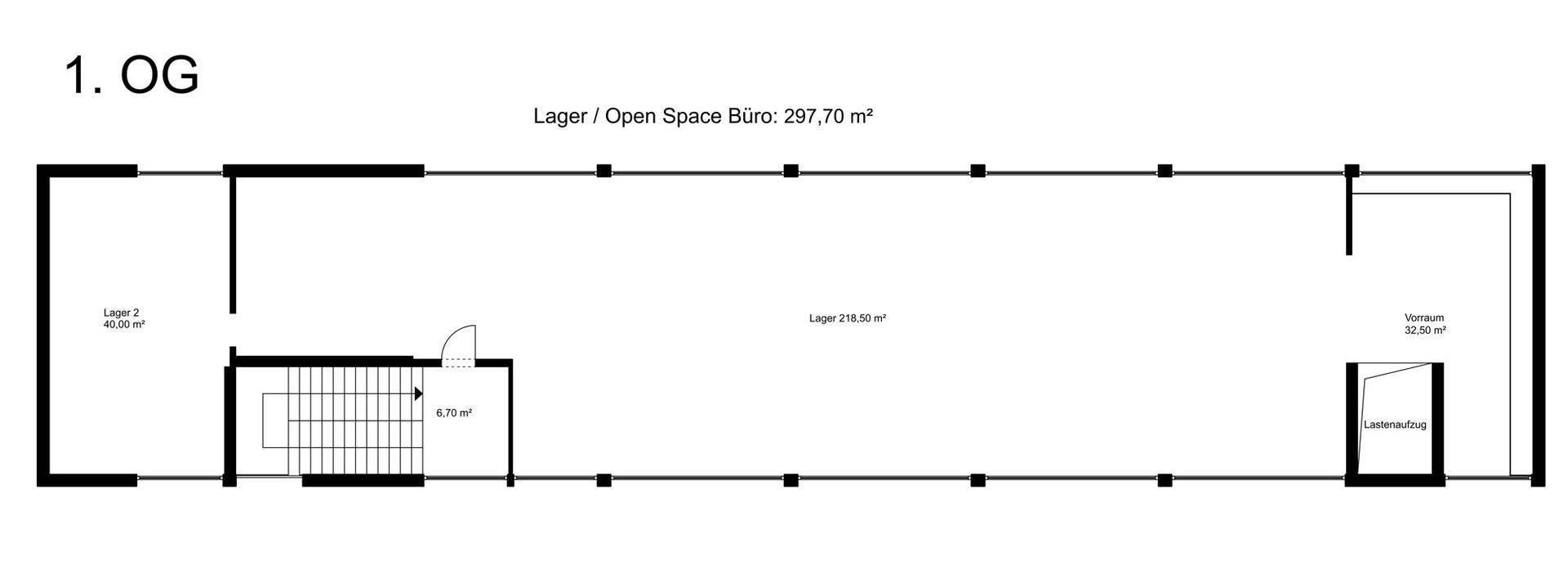 Grundriss des ersten Obergeschosses mit offenem Bürobereich und Lagerflächen von 297,70 m².