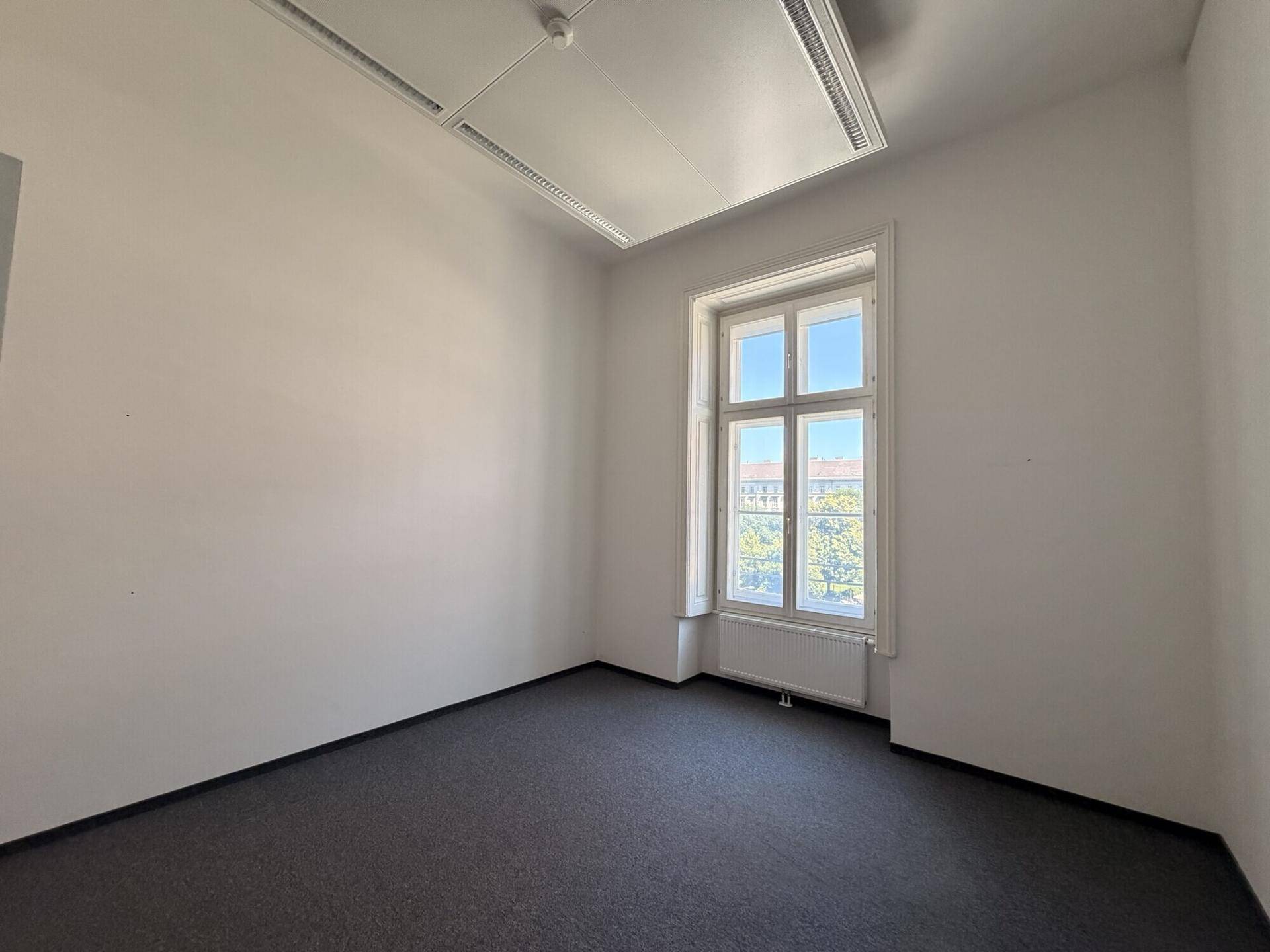 Kleineres, leeres Büro mit dunklem Teppichboden, weißen Wänden und einem hohen Bogenfenster.