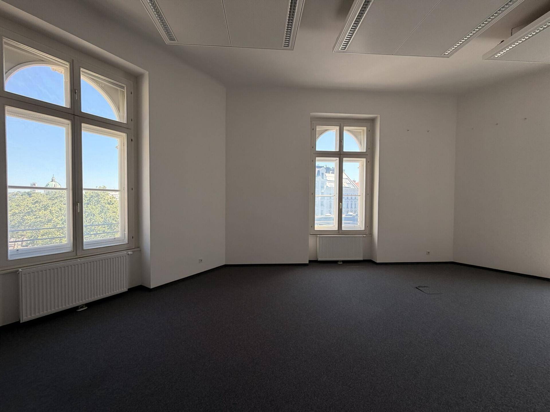 Leeres Büro mit dunklem Teppichboden, weißen Wänden und zwei großen, hellen Bogenfenstern.