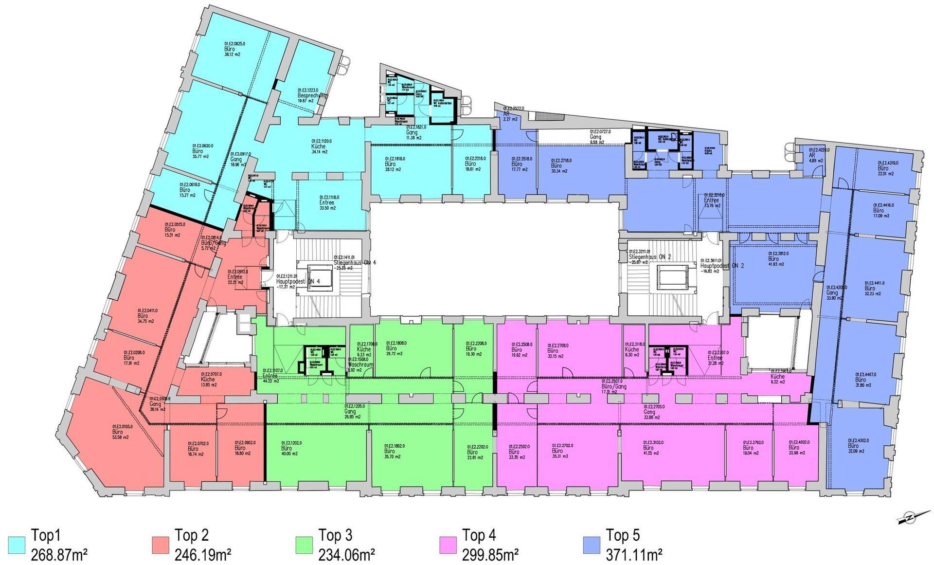 Übersichtlicher Grundrissplan mit verschiedenen farbcodierten Einheiten und deren Flächenangaben in Quadratmetern.
