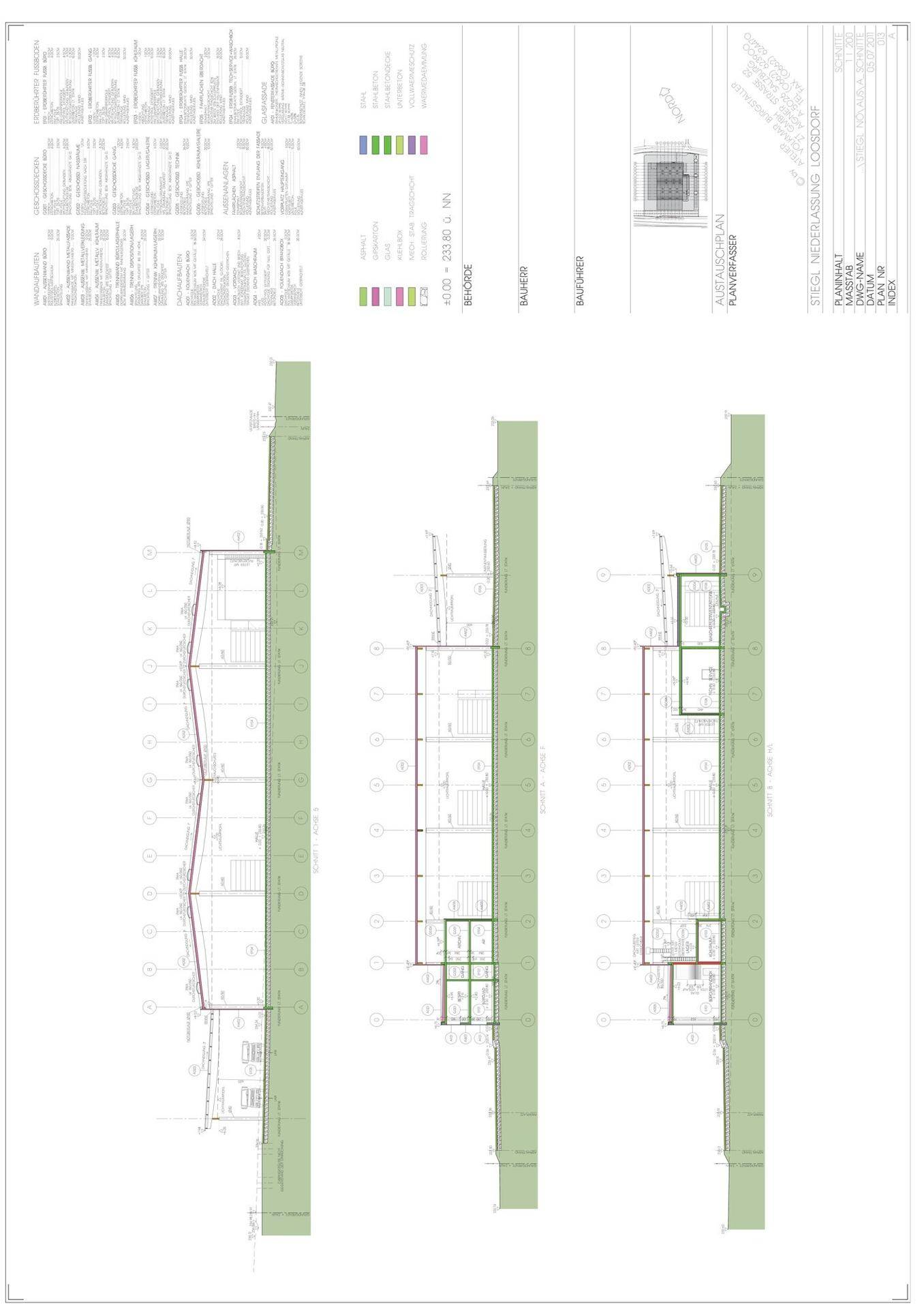 Architektonische Zeichnung mit Querschnitten des Gebäudes, die die interne Struktur zeigen.