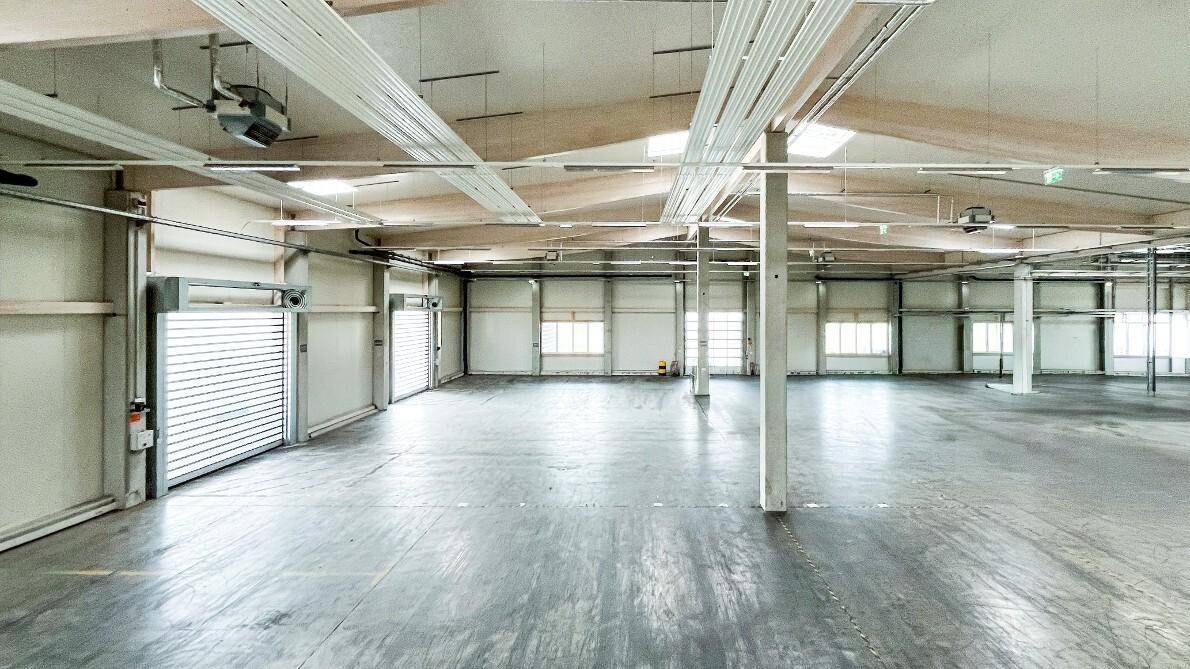 Geräumige, leere Lagerhalle mit hohen Decken, Betonboden und mehreren Rolltoren.